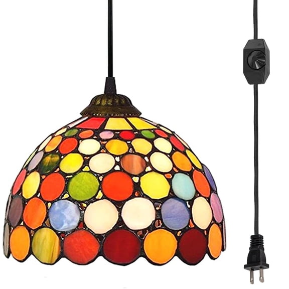 Kiven 1-Light Plug-in Pendant, Multi-colored Glass Lamp Shade Lamp,Dimmable