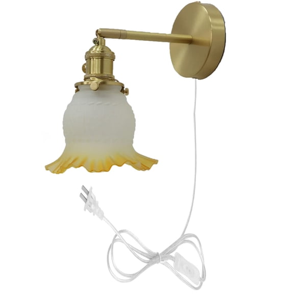 Kiven 1 Pack Plug-in Copper Wall Sconce Lamps Lighting Fixture with in-line Button Switch Cord(5.9FT),Glass Shade Wall lamp for Bedroom Bathroom-Yellow