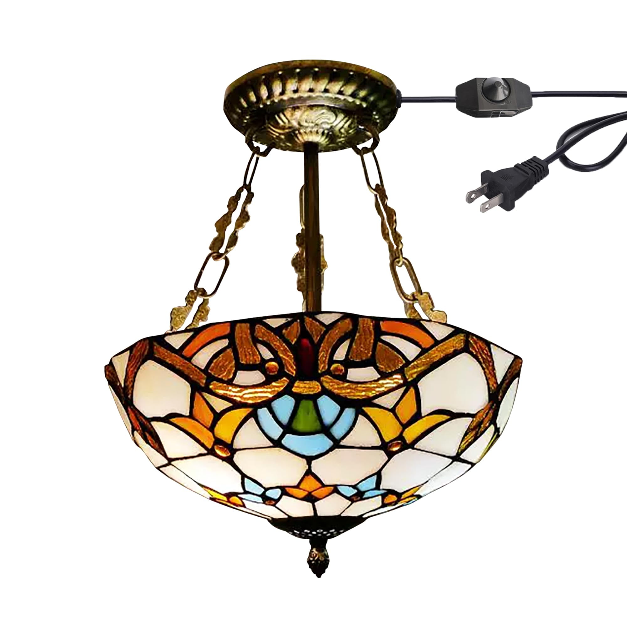 Kiven 11.8in Flush Mount Ceiling Light Fixture Dimmable, 2-Light Anti Glare Close to Ceiling Light with 15FT Plug-in Cord, Tiffany-Style Glass Chandelier for Bedroom Kitchen Hallway(No.3216)