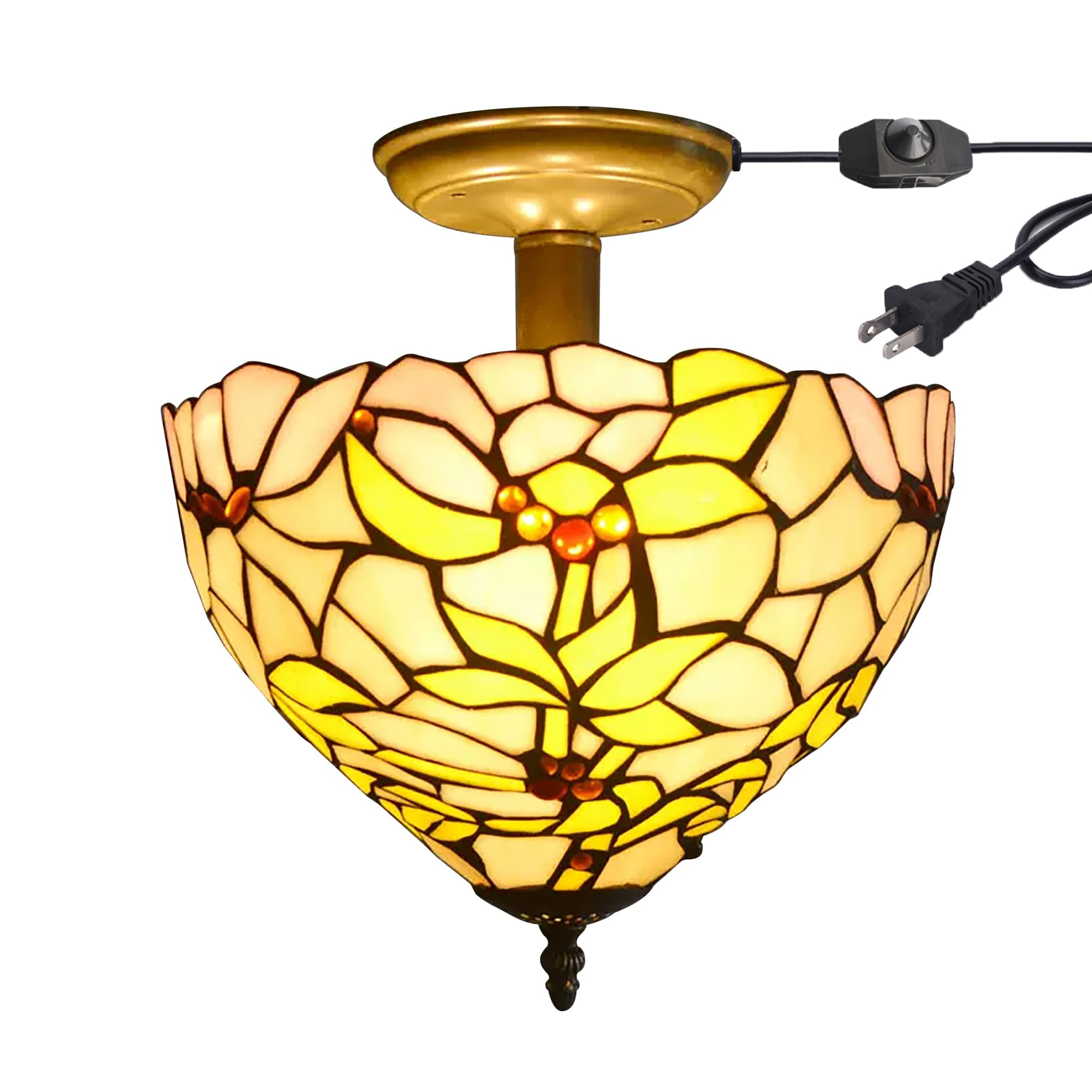 Kiven 11.8in Flush Mount Ceiling Light Fixture Dimmable, 2-Light Anti Glare Close to Ceiling Light with 15FT Plug-in Cord, Tiffany-Style Glass Chandelier for Bedroom Kitchen Hallway(No.3190)