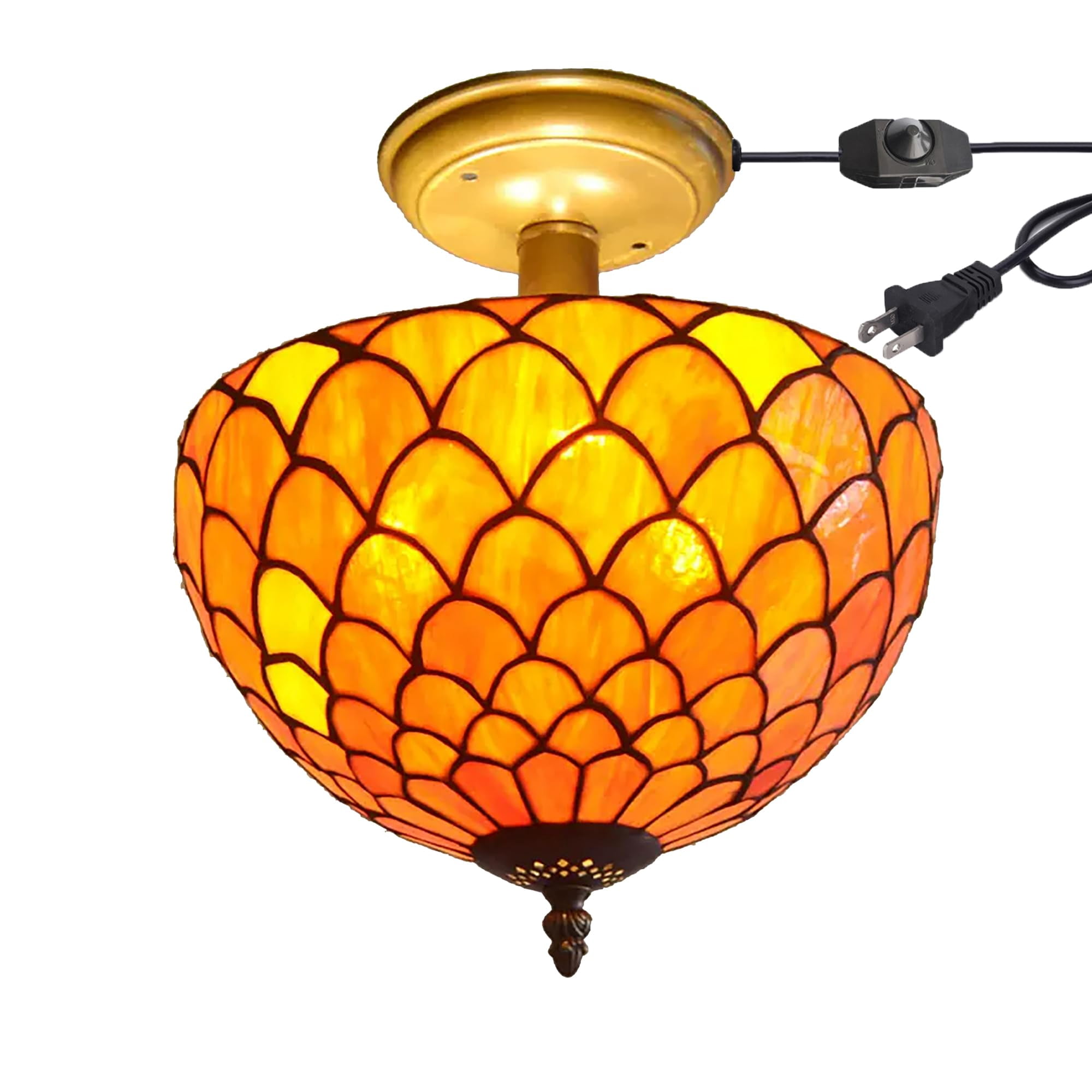 Kiven 11.8in Flush Mount Ceiling Light Fixture Dimmable, 2-Light Anti Glare Close to Ceiling Light with 15FT Plug-in Cord, Tiffany-Style Glass Chandelier for Bedroom Kitchen Hallway(No.3188)