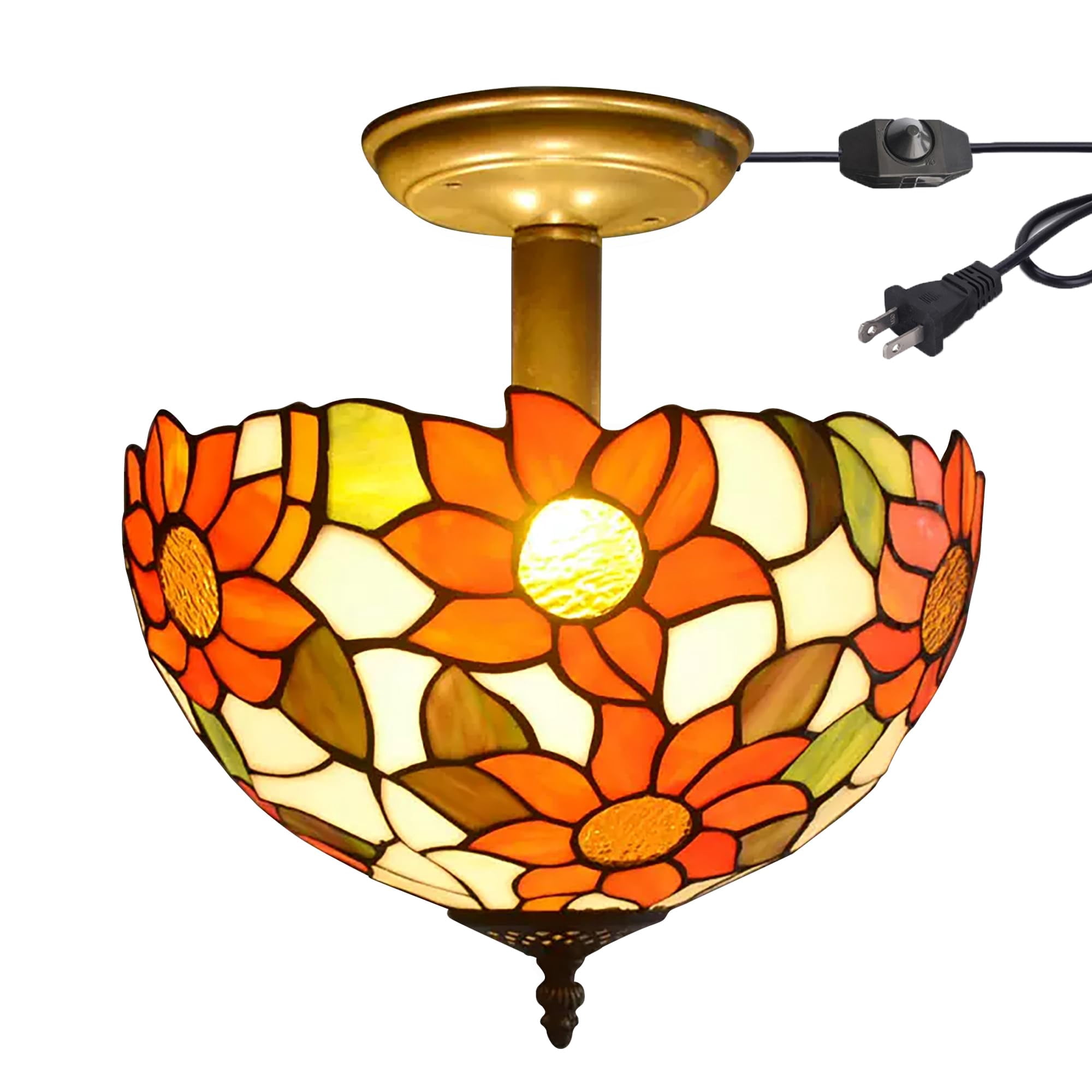 Kiven 11.8in Flush Mount Ceiling Light Fixture Dimmable, 2-Light Anti Glare Close to Ceiling Light with 15FT Plug-in Cord, Tiffany-Style Glass Chandelier for Bedroom Kitchen Hallway(No.3192)