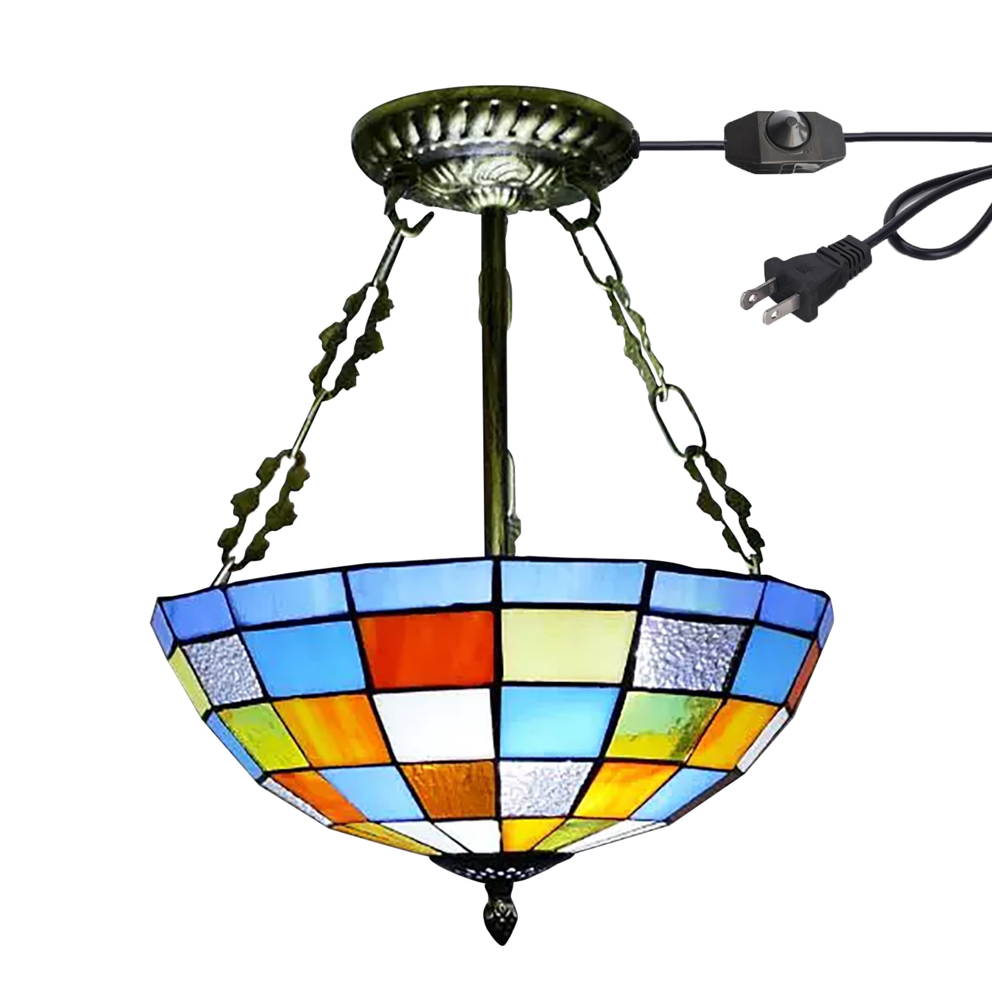 Kiven 11.8in Flush Mount Ceiling Light Fixture Dimmable, 2-Light Anti Glare Close to Ceiling Light with 15FT Plug-in Cord, Tiffany-Style Glass Chandelier for Bedroom Kitchen Hallway(No.3225)