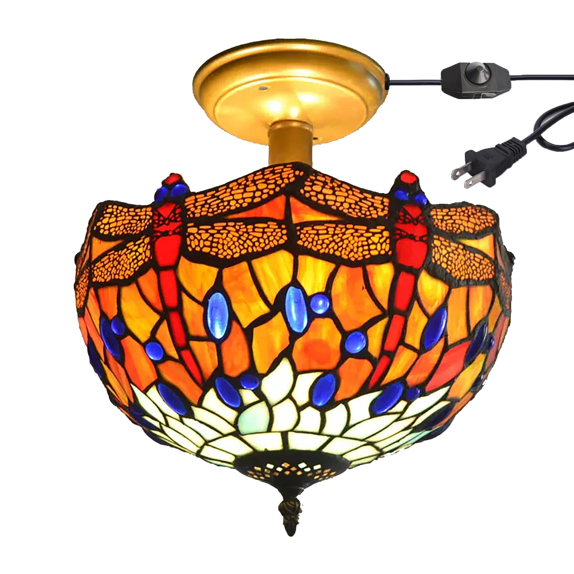 Kiven 11.8in Flush Mount Ceiling Light Fixture Dimmable, 2-Light Anti Glare Close to Ceiling Light with 15FT Plug-in Cord, Tiffany-Style Glass Chandelier for Bedroom Kitchen Hallway(No.3181)