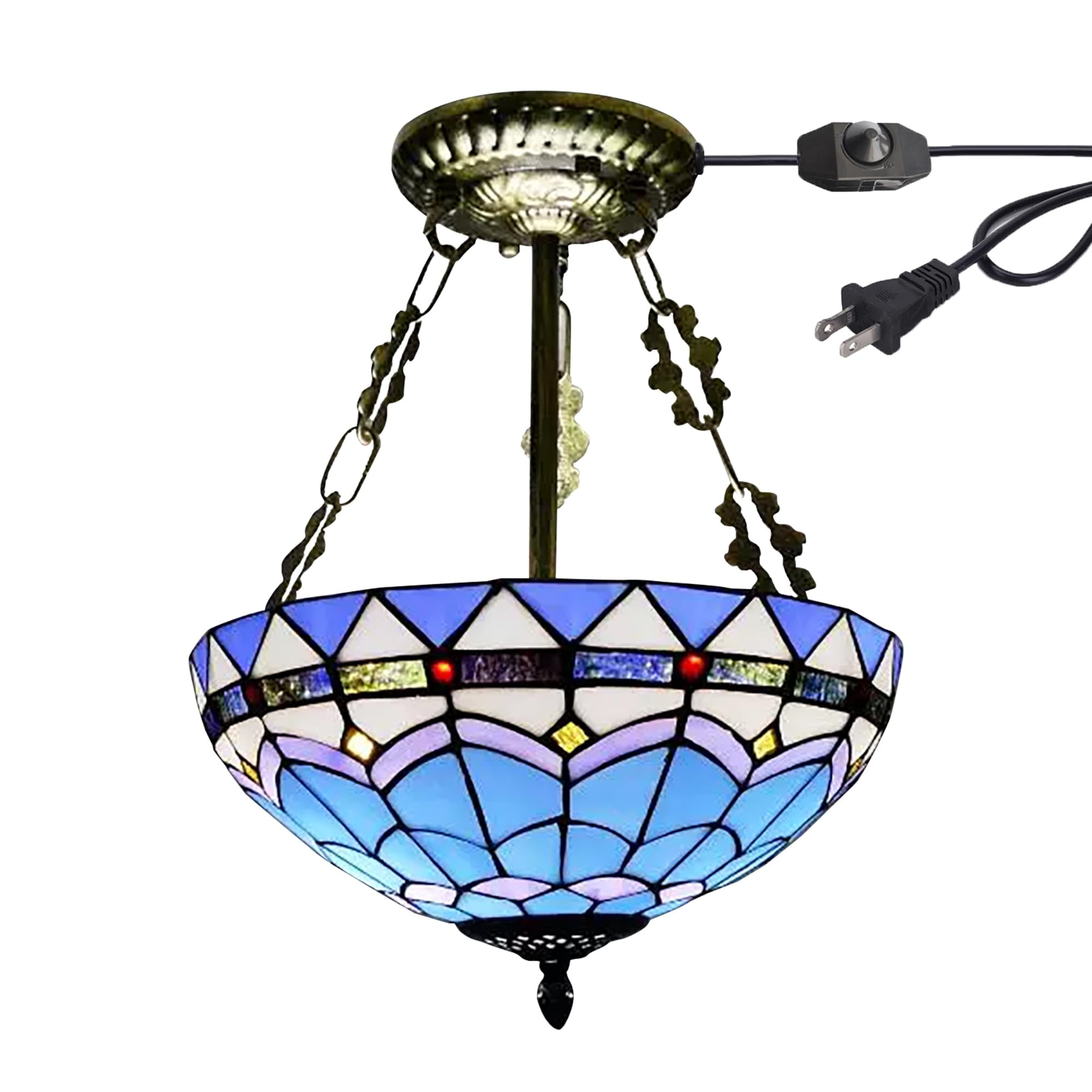 Kiven 11.8in Flush Mount Ceiling Light Fixture Dimmable, 2-Light Anti Glare Close to Ceiling Light with 15FT Plug-in Cord, Tiffany-Style Glass Chandelier for Bedroom Kitchen Hallway(No.3224)