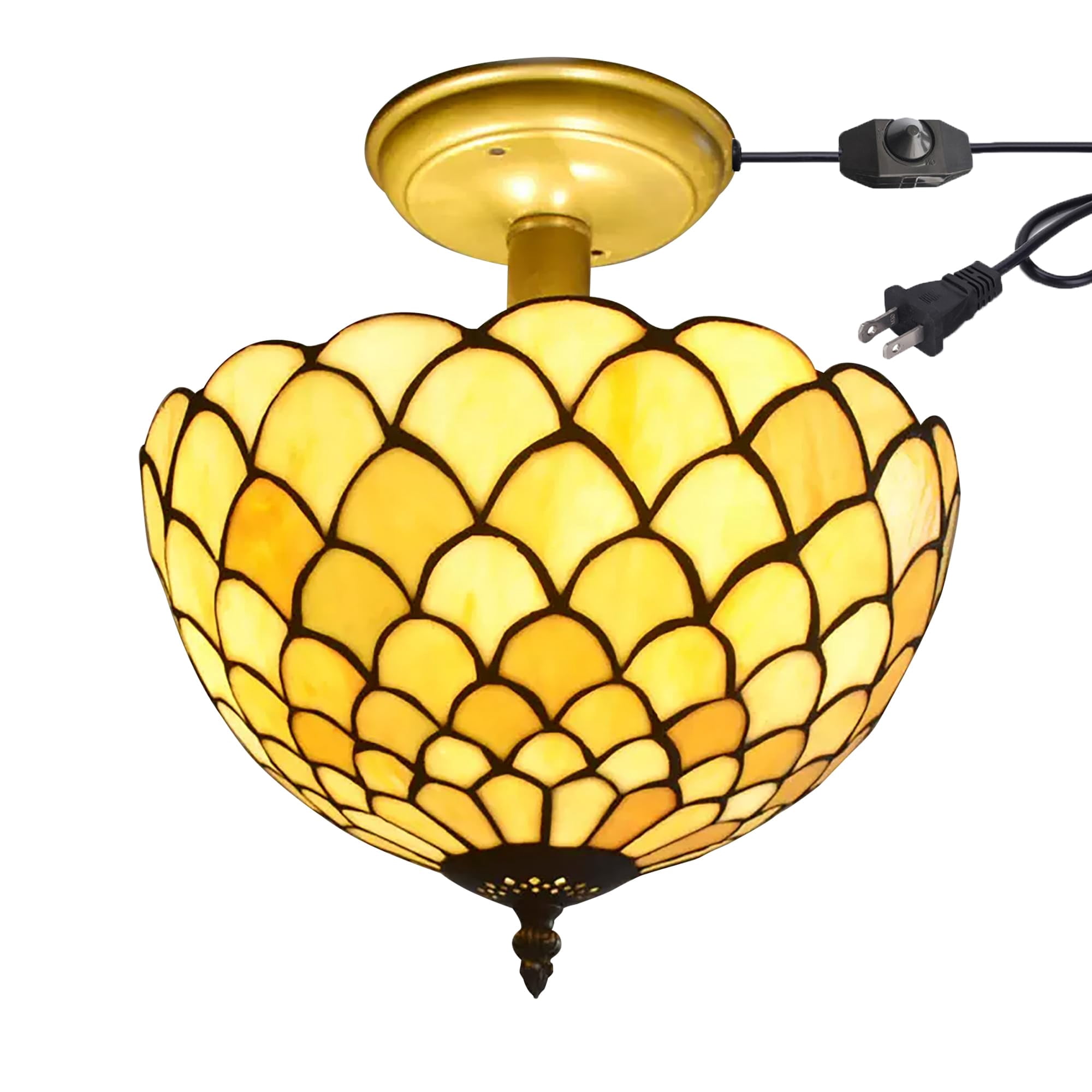 Kiven 11.8in Flush Mount Ceiling Light Fixture Dimmable, 2-Light Anti Glare Close to Ceiling Light with 15FT Plug-in Cord, Tiffany-Style Glass Chandelier for Bedroom Kitchen Hallway(No.3184)