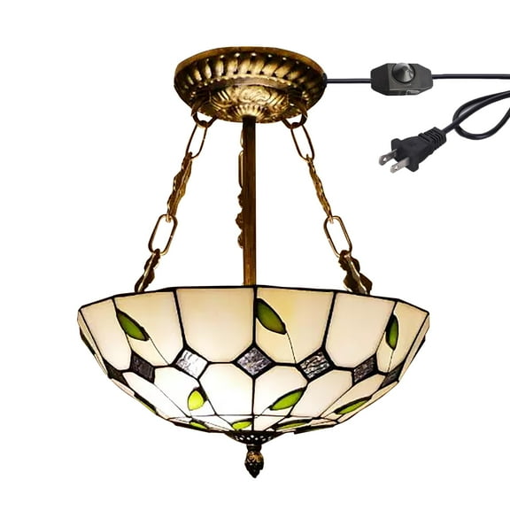 Kiven 11.8in Flush Mount Ceiling Light Fixture Dimmable, 2-Light Anti Glare Close to Ceiling Light with 15FT Plug-in Cord, Tiffany-Style Glass Chandelier for Bedroom Kitchen Hallway(No.3223)