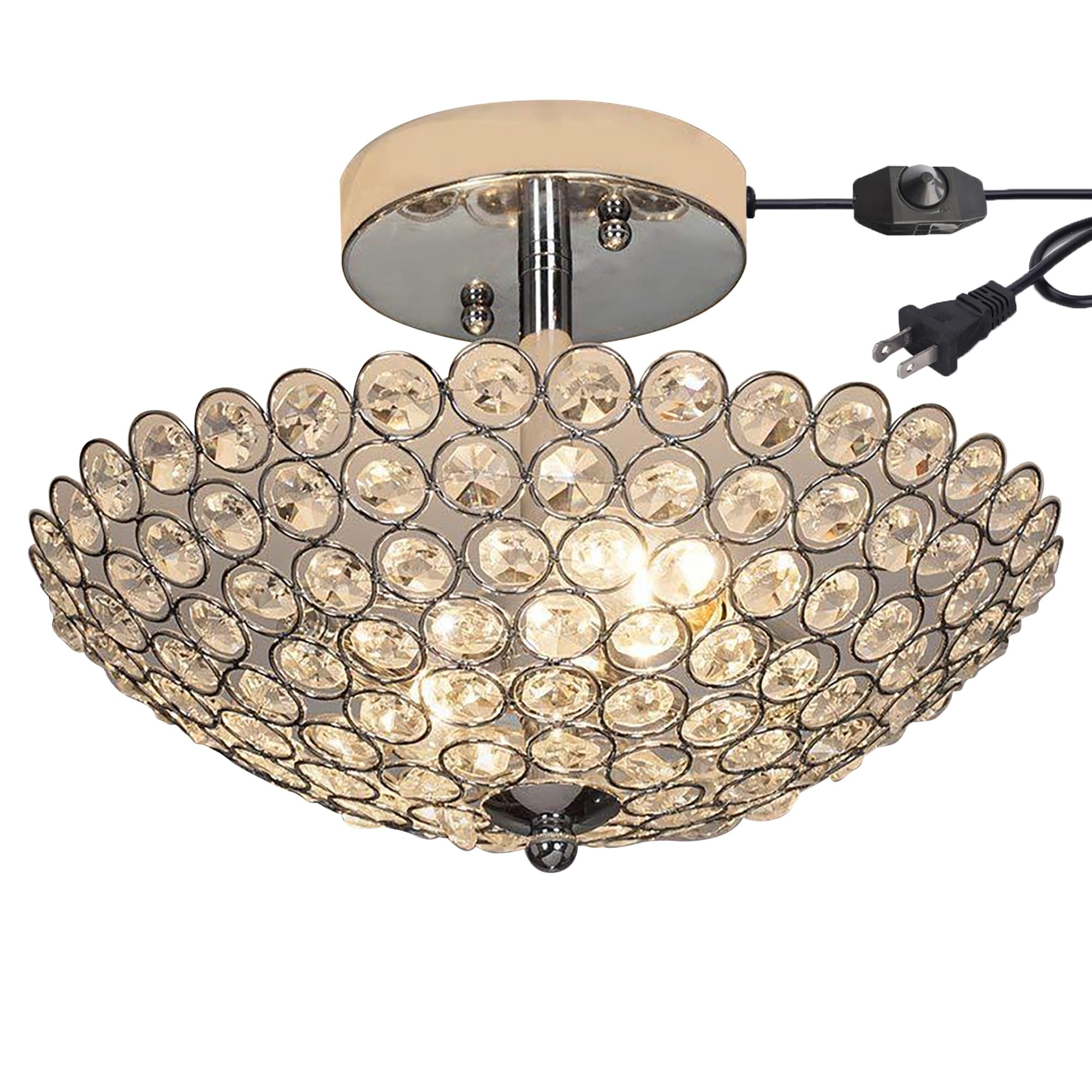 Kiven 11.8in Flush Mount Ceiling Light Fixture Dimmable, 3-Light Anti Glare Close to Ceiling Light with 15FT Plug-in Cord, Modern Crystal Chandelier for Bedroom Kitchen Island Hallway