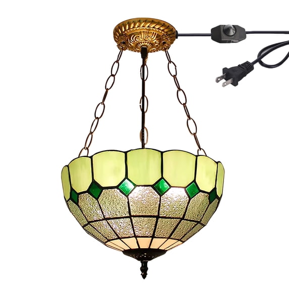 Kiven 11.8in Flush Mount Ceiling Light Fixture Dimmable, 3-Light Anti Glare Close to Ceiling Light with 15FT Plug-in Cord, Tiffany-Style Glass Chandelier for Bedroom Kitchen Hallway(No.3226-GN)