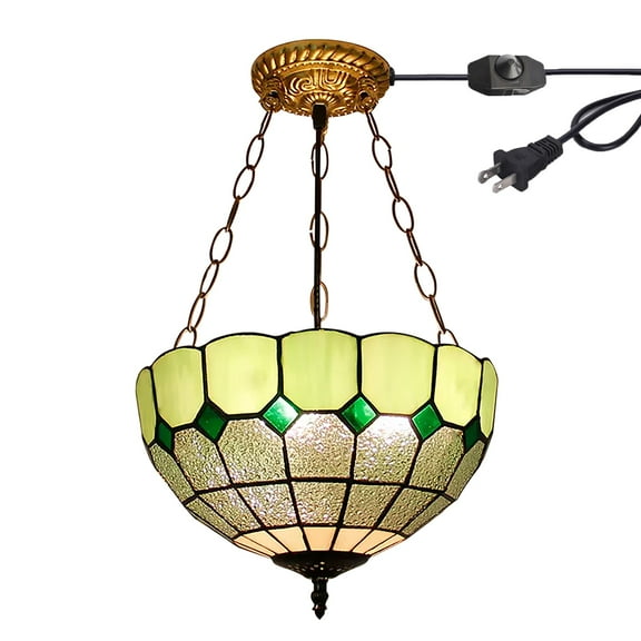 Kiven 11.8in Flush Mount Ceiling Light Fixture Dimmable, 3-Light Anti Glare Close to Ceiling Light with 15FT Plug-in Cord, Tiffany-Style Glass Chandelier for Bedroom Kitchen Hallway(No.3226-GN)