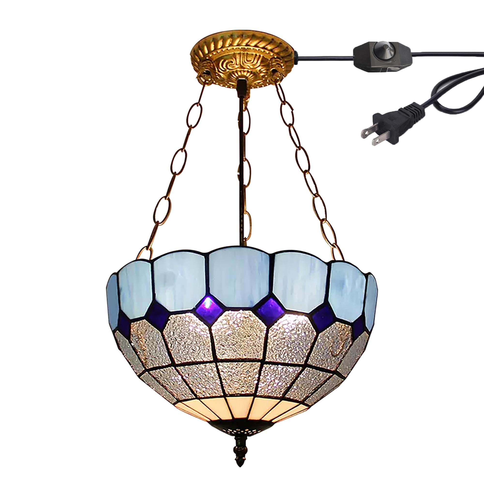 Kiven 11.8in Flush Mount Ceiling Light Fixture Dimmable, 3-Light Anti Glare Close to Ceiling Light with 15FT Plug-in Cord, Tiffany-Style Glass Chandelier for Bedroom Kitchen Hallway(No.3226-DBL)
