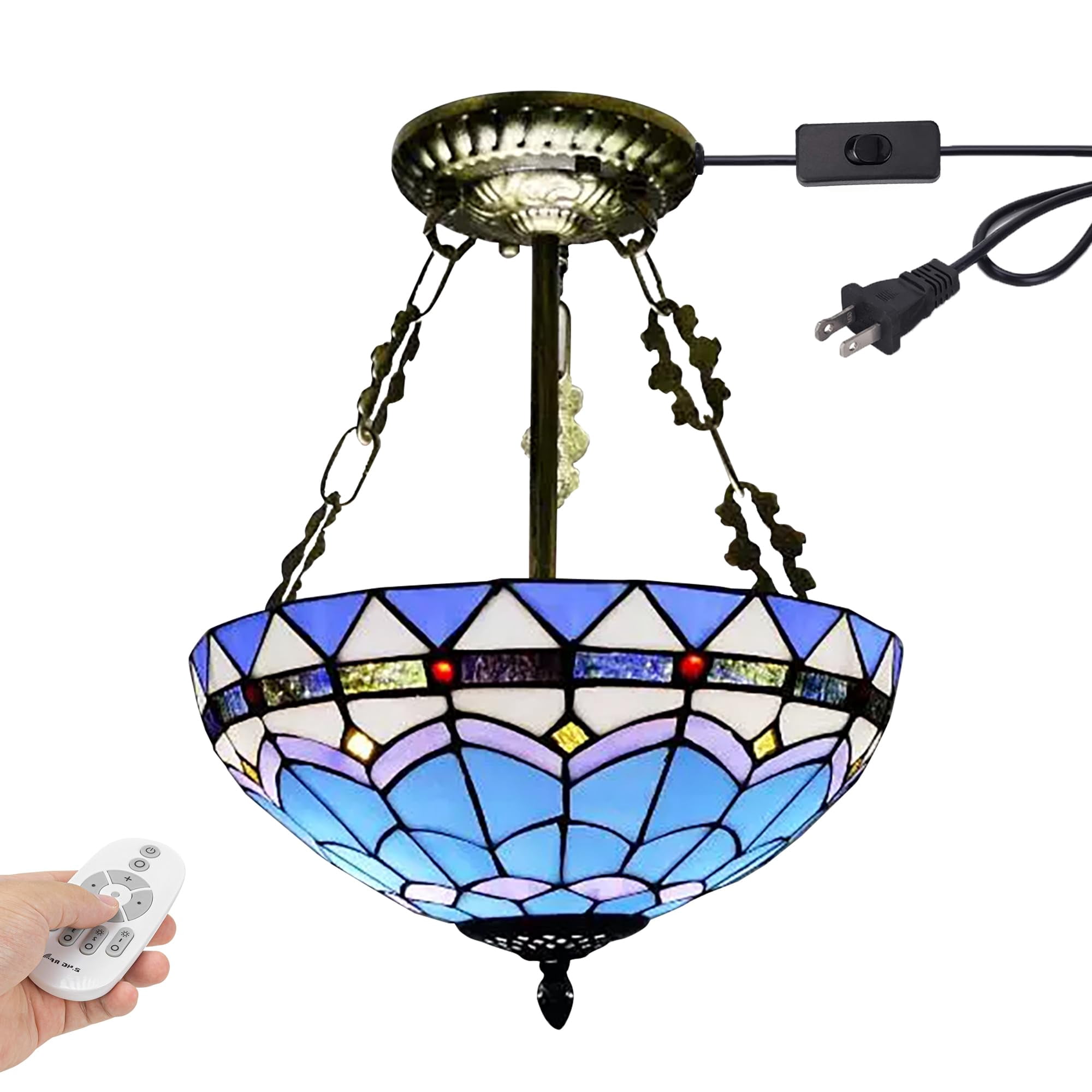 Kiven 11.8in Plug-in Flush Mount Ceiling Light Fixture, 2-Light Anti Glare Close to Ceiling Light with 15FT Cord, Tiffany-Style Glass Chandelier Dimmable for Bedroom Kitchen Hallway(No.3224)