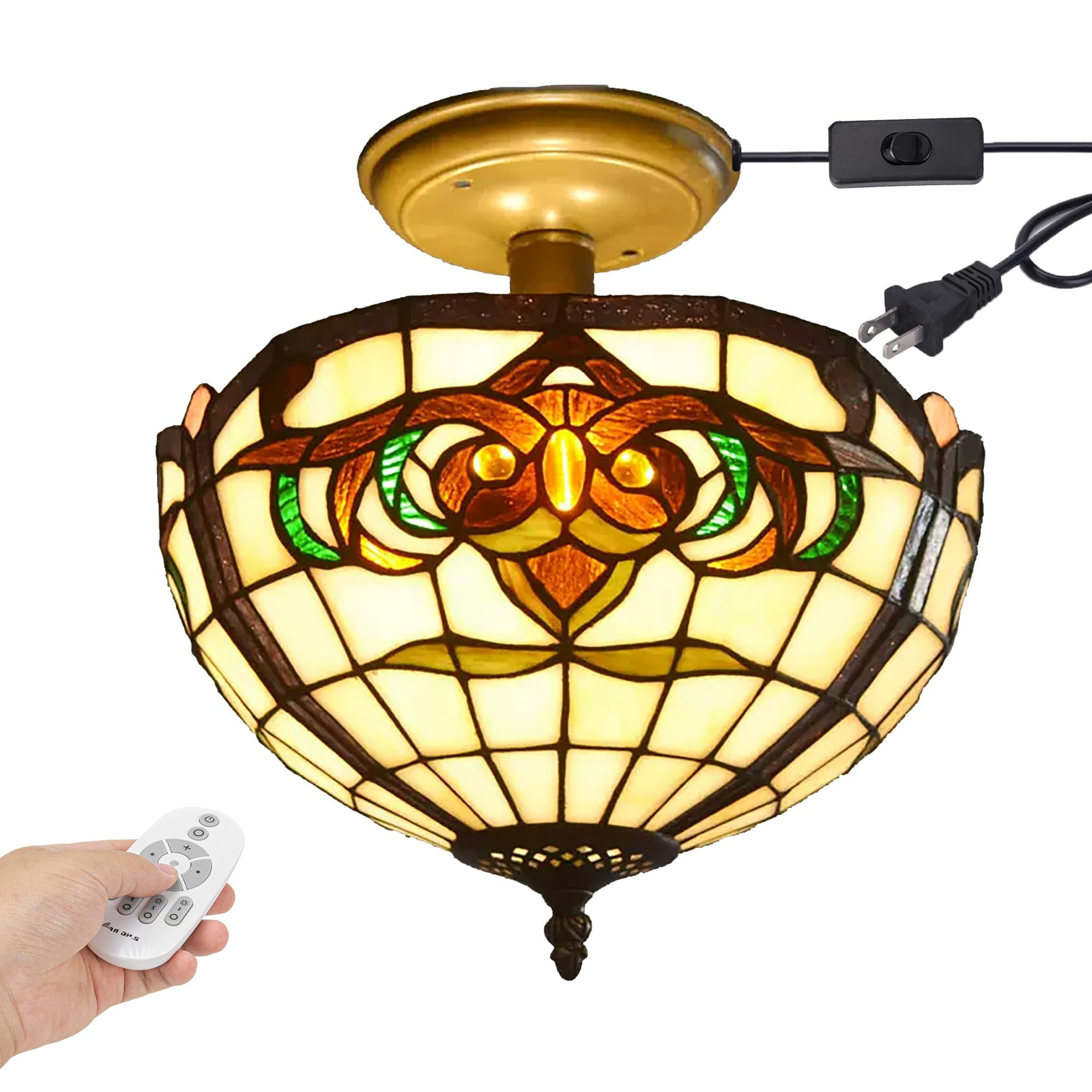 Kiven 11.8in Plug-in Flush Mount Ceiling Light Fixture, 2-Light Anti Glare Close to Ceiling Light with 15FT Cord, Tiffany-Style Glass Chandelier Dimmable for Bedroom Kitchen Hallway(No.3183)