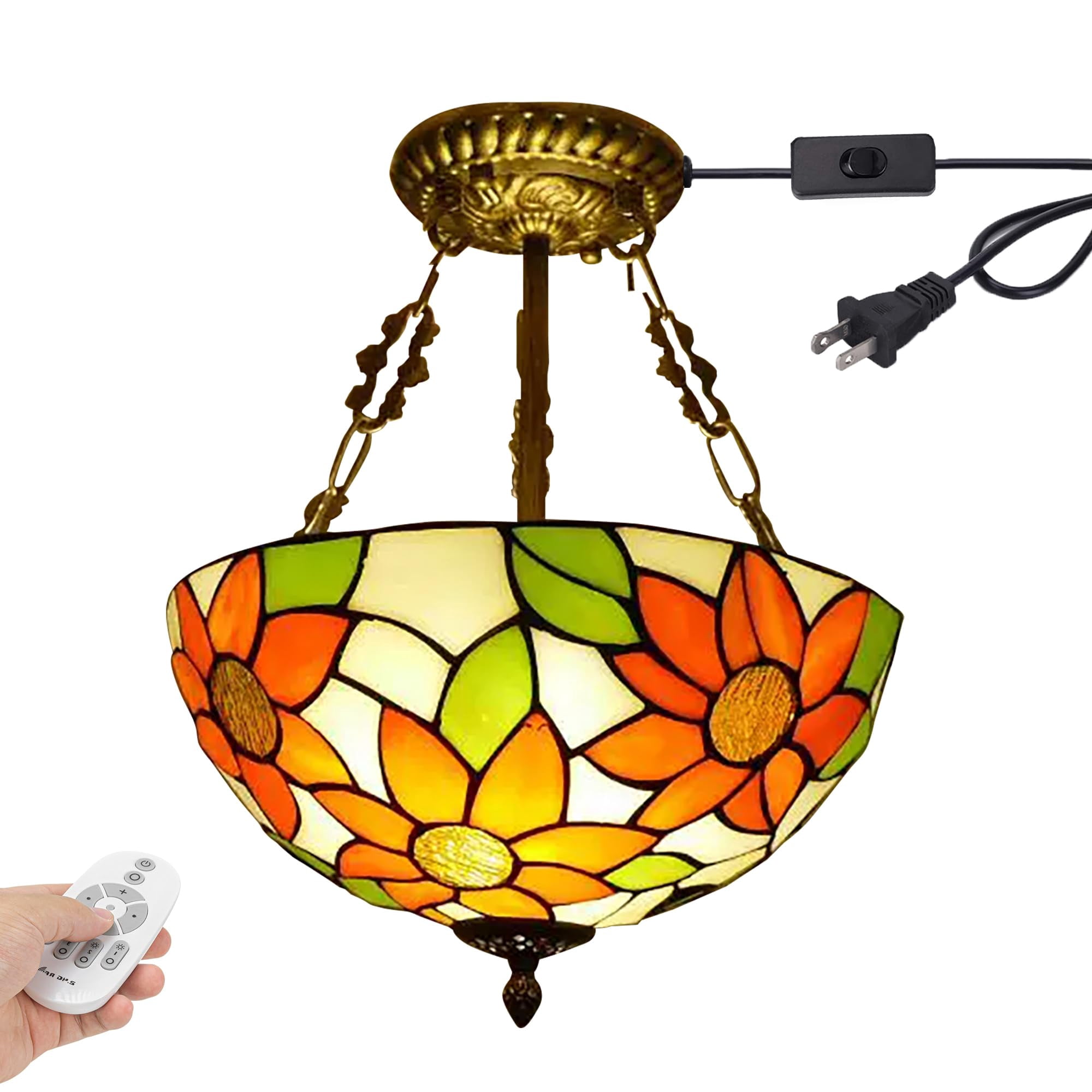 Kiven 11.8in Plug-in Flush Mount Ceiling Light Fixture, 2-Light Anti Glare Close to Ceiling Light with 15FT Cord, Tiffany-Style Glass Chandelier Dimmable for Bedroom Kitchen Hallway(No.3221)