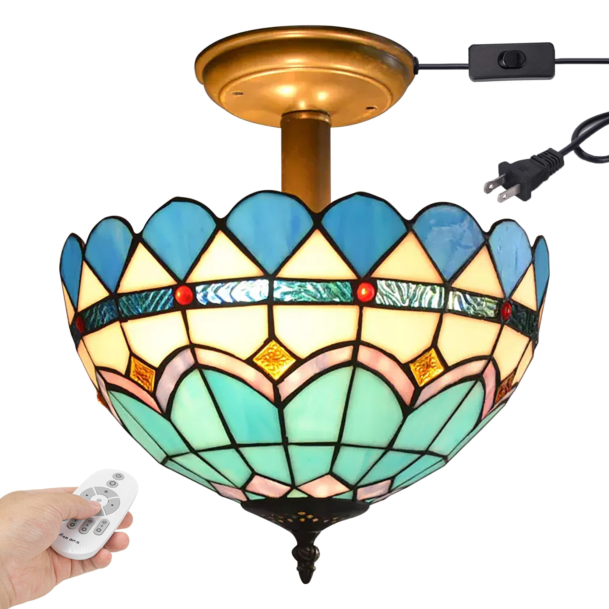 Kiven 11.8in Plug-in Flush Mount Ceiling Light Fixture, 2-Light Anti Glare Close to Ceiling Light with 15FT Cord, Tiffany-Style Glass Chandelier Dimmable for Bedroom Kitchen Hallway(No.3193)