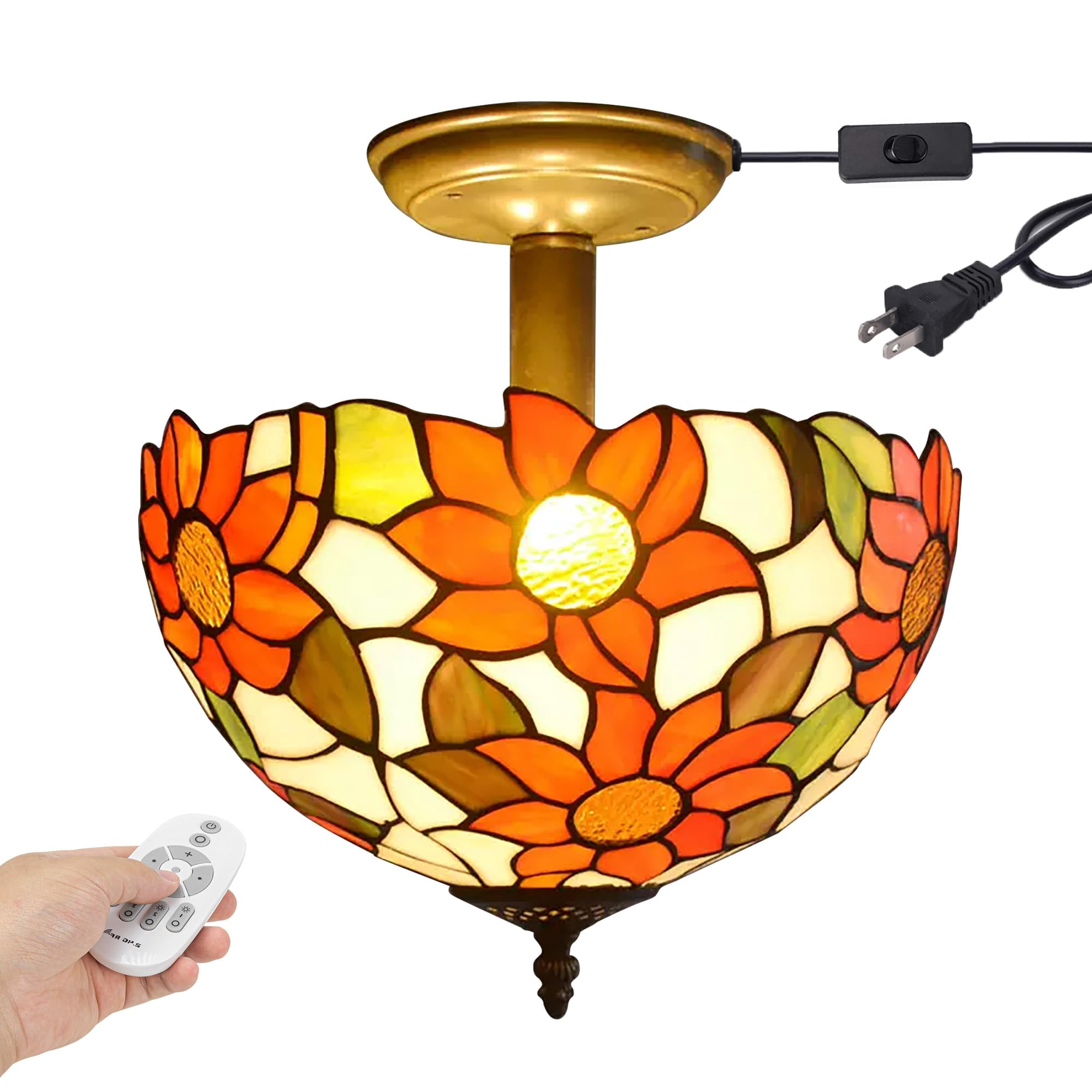Kiven 11.8in Plug-in Flush Mount Ceiling Light Fixture, 2-Light Anti Glare Close to Ceiling Light with 15FT Cord, Tiffany-Style Glass Chandelier Dimmable for Bedroom Kitchen Hallway(No.3192)
