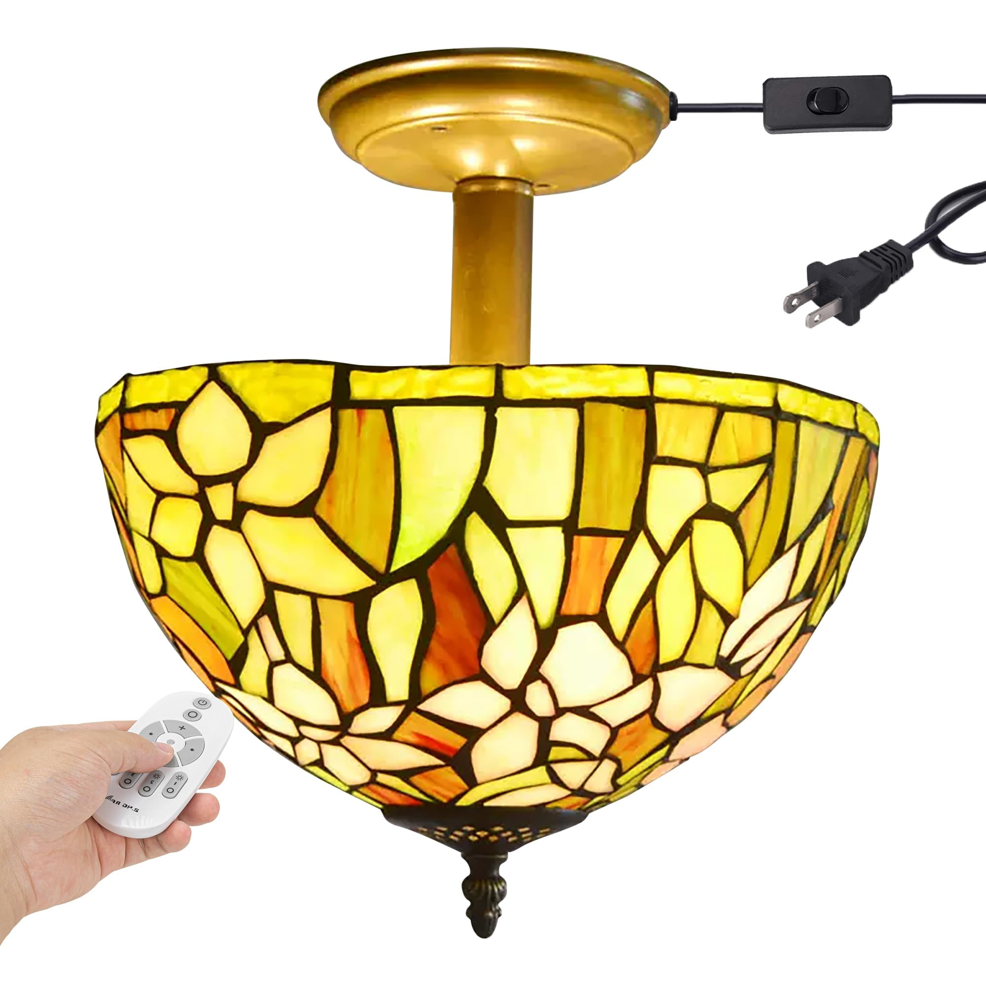 Kiven 11.8in Plug-in Flush Mount Ceiling Light Fixture, 2-Light Anti Glare Close to Ceiling Light with 15FT Cord, Tiffany-Style Glass Chandelier Dimmable for Bedroom Kitchen Hallway(No.3195)
