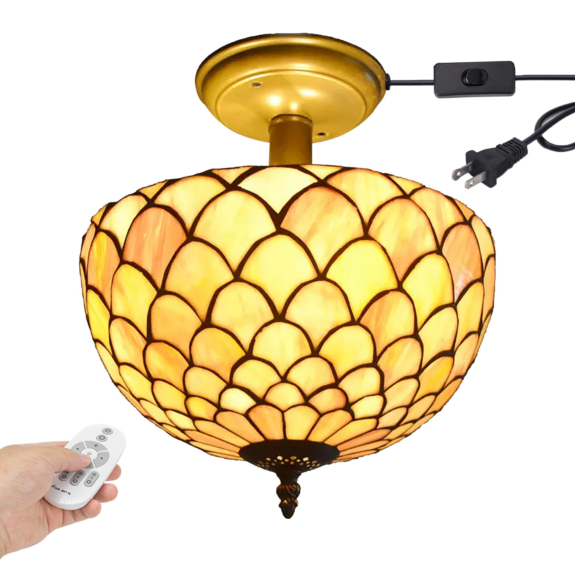 Kiven 11.8in Plug-in Flush Mount Ceiling Light Fixture, 2-Light Anti Glare Close to Ceiling Light with 15FT Cord, Tiffany-Style Glass Chandelier Dimmable for Bedroom Kitchen Hallway(No.3186)