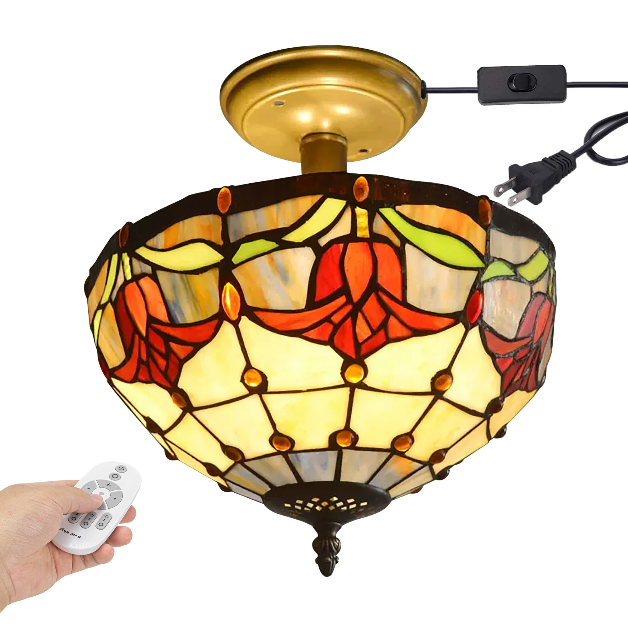 Kiven 11.8in Plug-in Flush Mount Ceiling Light Fixture, 2-Light Anti Glare Close to Ceiling Light with 15FT Cord, Tiffany-Style Glass Chandelier Dimmable for Bedroom Kitchen Hallway(No.3189)