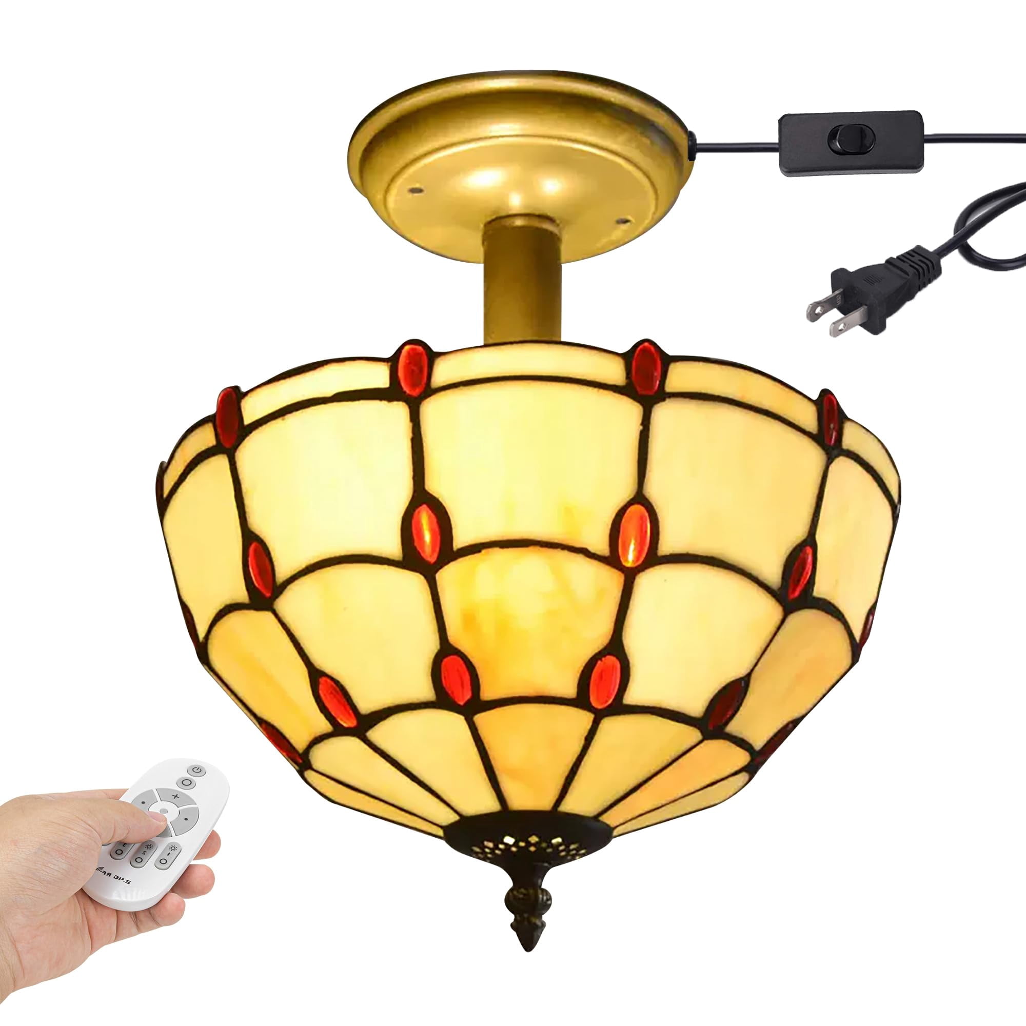 Kiven 11.8in Plug-in Flush Mount Ceiling Light Fixture, 2-Light Anti Glare Close to Ceiling Light with 15FT Cord, Tiffany-Style Glass Chandelier Dimmable for Bedroom Kitchen Hallway(No.3185)