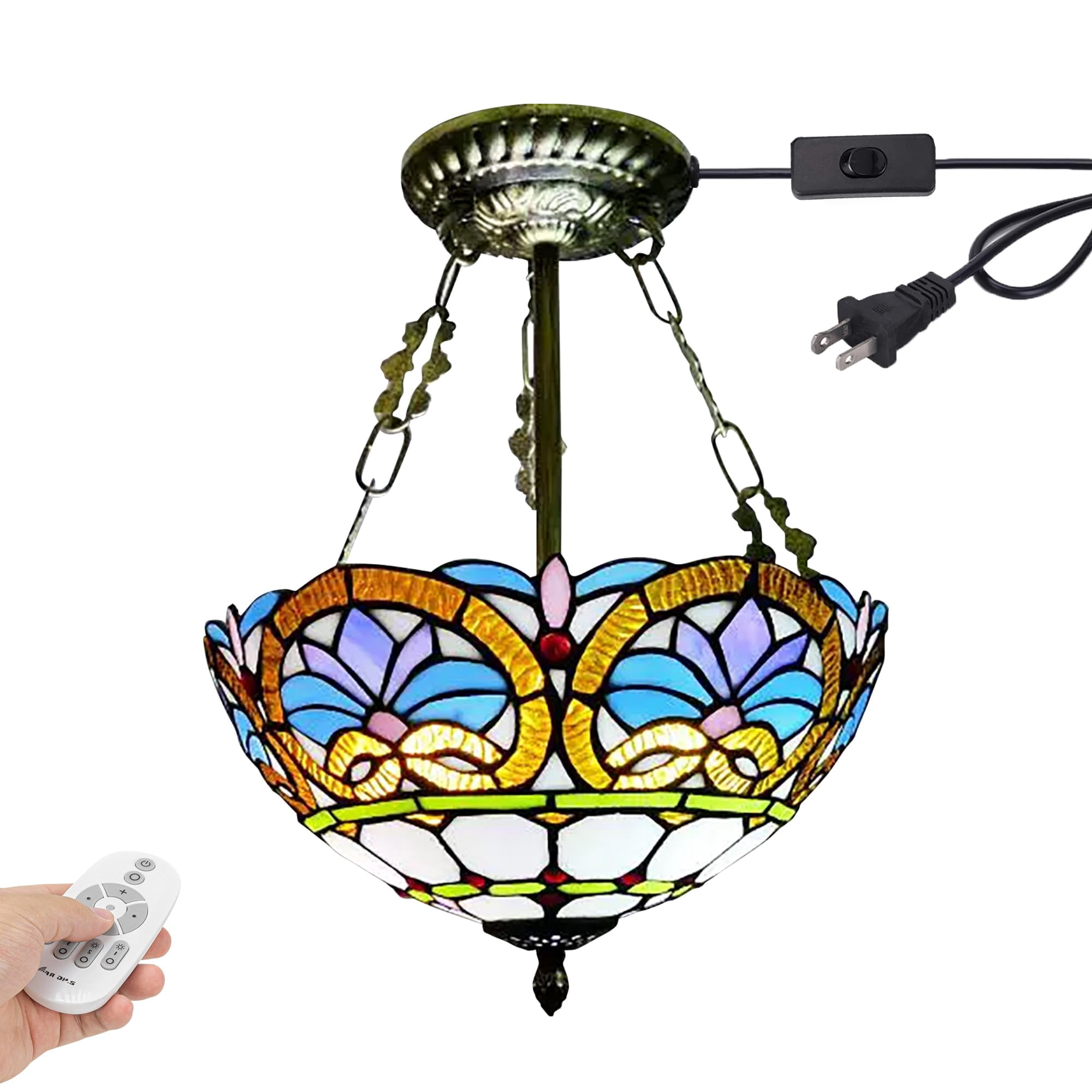 Kiven 11.8in Plug-in Flush Mount Ceiling Light Fixture, 2-Light Anti Glare Close to Ceiling Light with 15FT Cord, Tiffany-Style Glass Chandelier Dimmable for Bedroom Kitchen Hallway(No.3217)