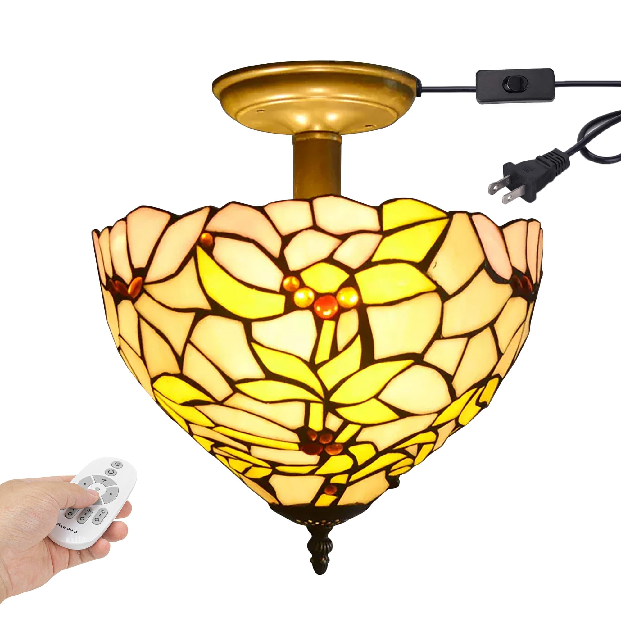 Kiven 11.8in Plug-in Flush Mount Ceiling Light Fixture, 2-Light Anti Glare Close to Ceiling Light with 15FT Cord, Tiffany-Style Glass Chandelier Dimmable for Bedroom Kitchen Hallway(No.3190)