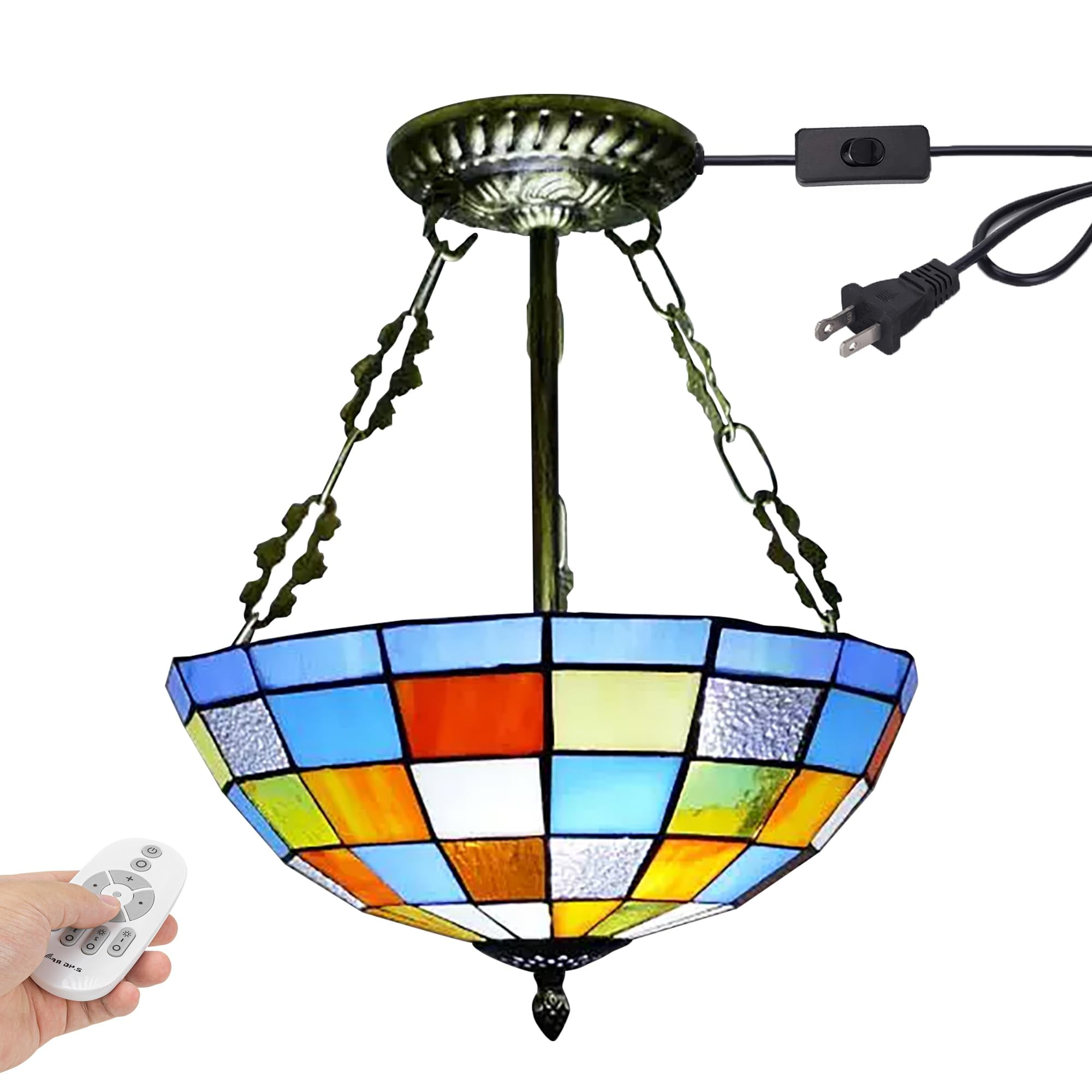 Kiven 11.8in Plug-in Flush Mount Ceiling Light Fixture, 2-Light Anti Glare Close to Ceiling Light with 15FT Cord, Tiffany-Style Glass Chandelier Dimmable for Bedroom Kitchen Hallway(No.3225)