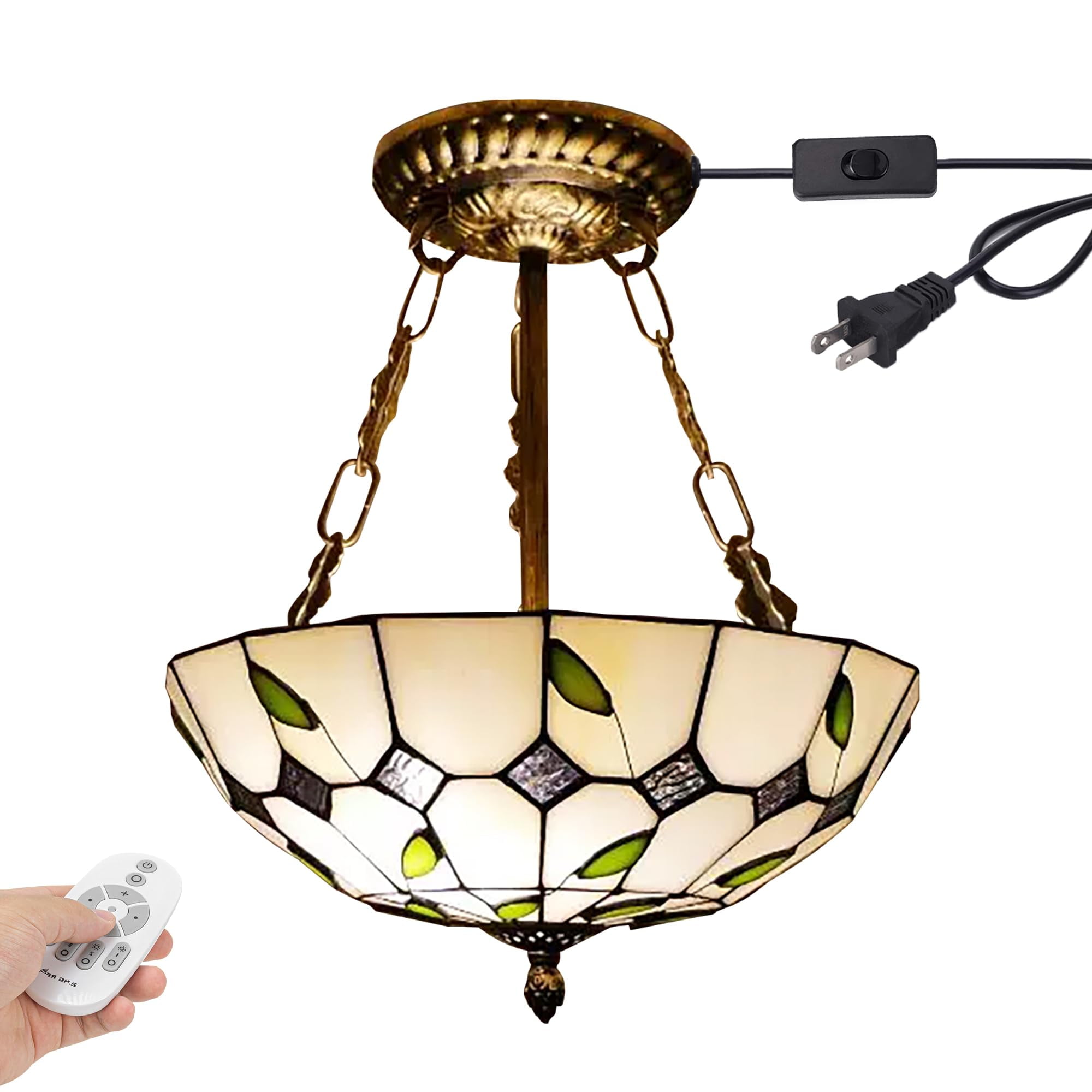 Kiven 11.8in Plug-in Flush Mount Ceiling Light Fixture, 2-Light Anti Glare Close to Ceiling Light with 15FT Cord, Tiffany-Style Glass Chandelier Dimmable for Bedroom Kitchen Hallway(No.3223)