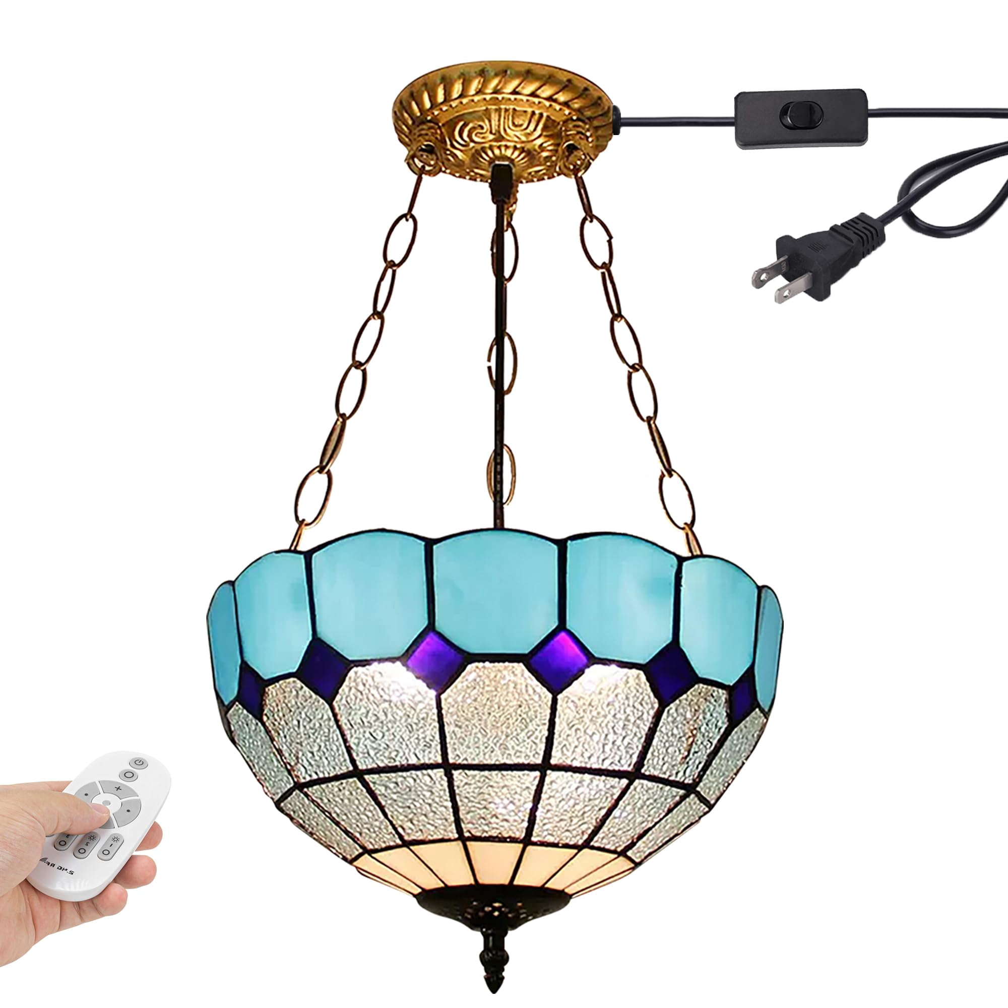 Kiven 11.8in Plug-in Flush Mount Ceiling Light Fixture, 3-Light Anti Glare Close to Ceiling Light with 15FT Cord, Tiffany-Style Glass Chandelier Dimmable for Bedroom Kitchen Hallway(No.3226-BL)