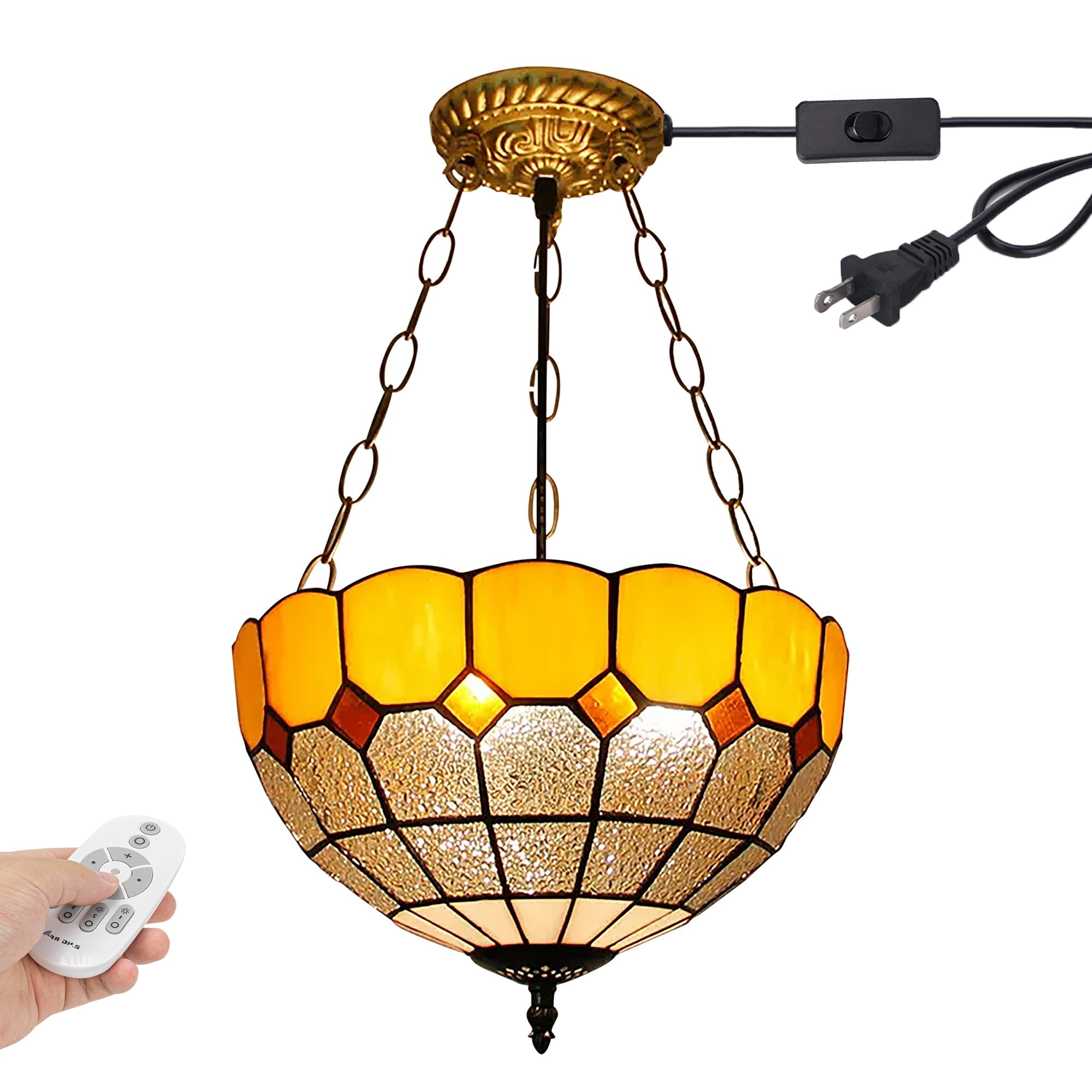Kiven 11.8in Plug-in Flush Mount Ceiling Light Fixture, 3-Light Anti Glare Close to Ceiling Light with 15FT Cord, Tiffany-Style Glass Chandelier Dimmable for Bedroom Kitchen Hallway(No.3226-Y)
