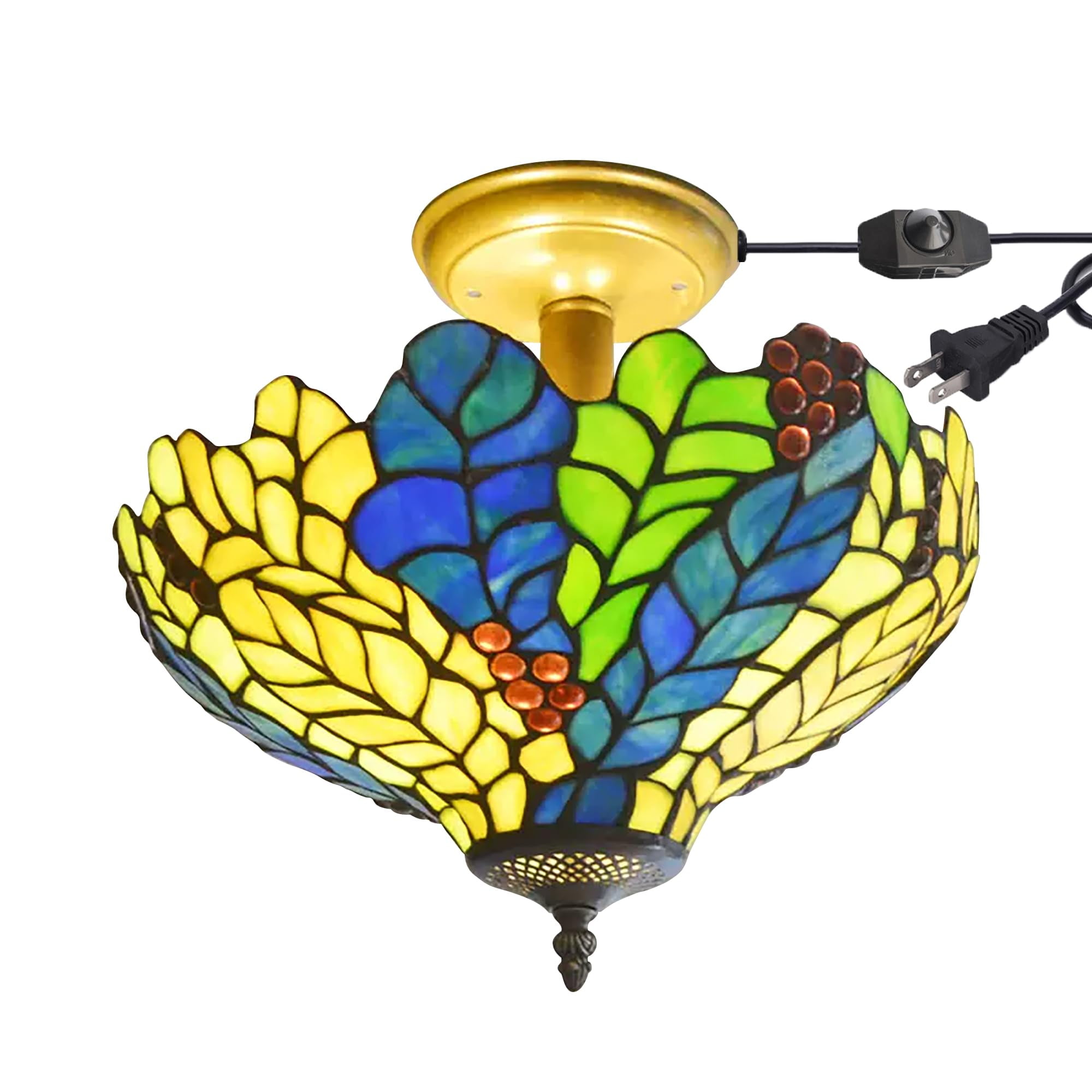 Kiven 13.8in Flush Mount Ceiling Light Fixture Dimmable, 3-Light Anti Glare Close to Ceiling Light with 15FT Plug-in Cord, Tiffany-Style Glass Chandelier for Bedroom Kitchen Hallway(No.3212)