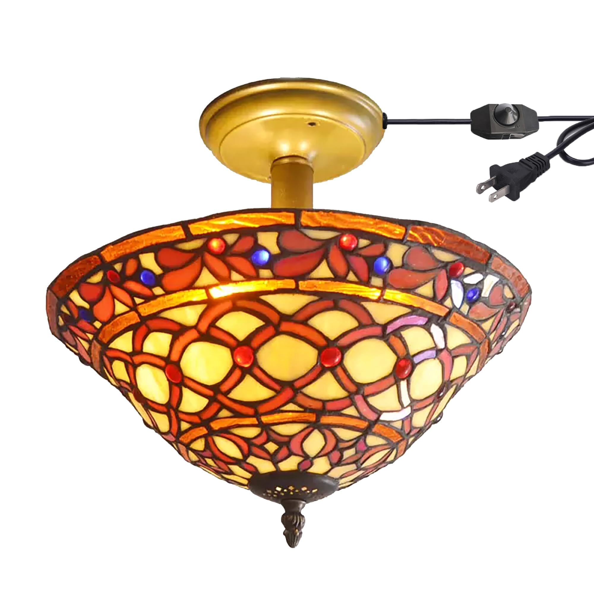 Kiven 13.8in Flush Mount Ceiling Light Fixture Dimmable, 3-Light Anti Glare Close to Ceiling Light with 15FT Plug-in Cord, Tiffany-Style Glass Chandelier for Bedroom Kitchen Hallway(No.3202)