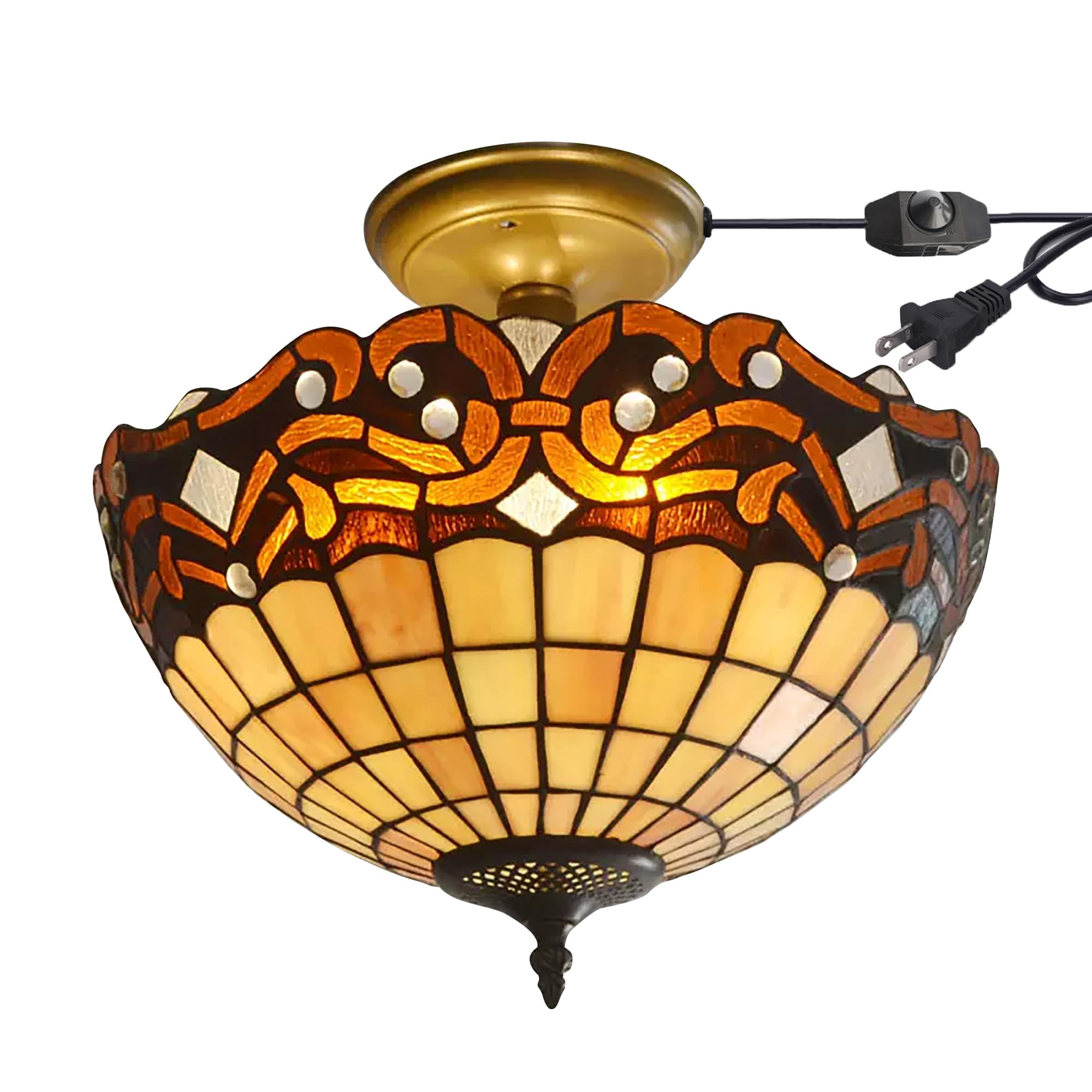 Kiven 13.8in Flush Mount Ceiling Light Fixture Dimmable, 3-Light Anti Glare Close to Ceiling Light with 15FT Plug-in Cord, Tiffany-Style Glass Chandelier for Bedroom Kitchen Hallway(No.3200)