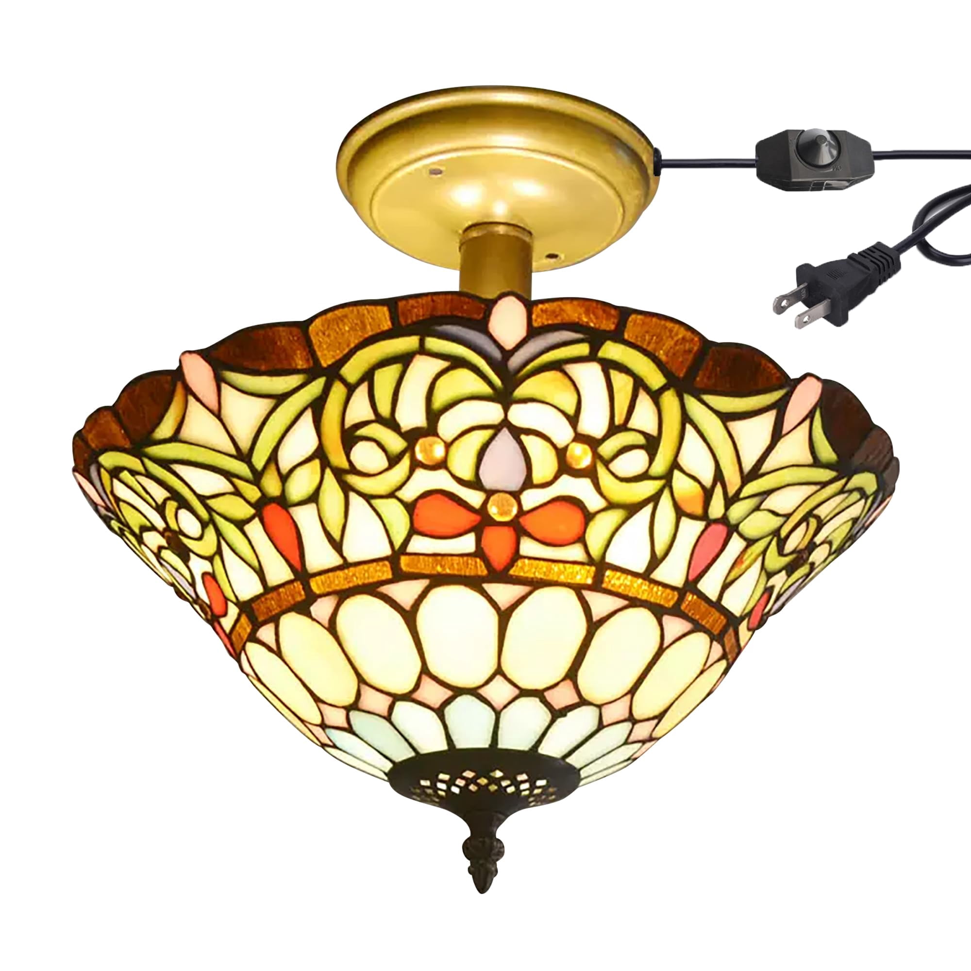 Kiven 13.8in Flush Mount Ceiling Light Fixture Dimmable, 3-Light Anti Glare Close to Ceiling Light with 15FT Plug-in Cord, Tiffany-Style Glass Chandelier for Bedroom Kitchen Hallway(No.3199)