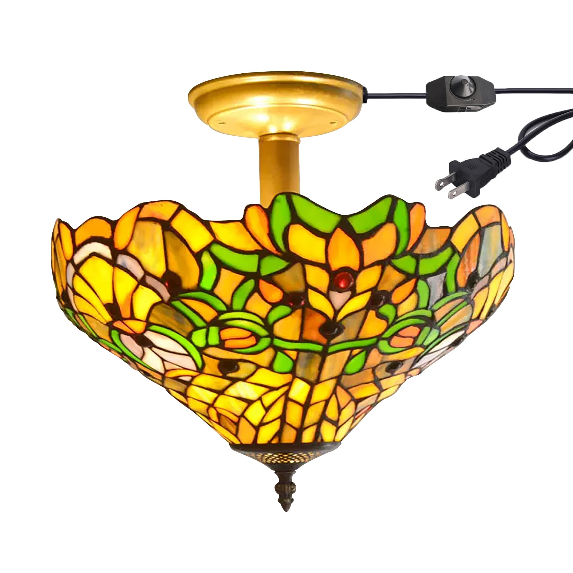 Kiven 13.8in Flush Mount Ceiling Light Fixture Dimmable, 3-Light Anti Glare Close to Ceiling Light with 15FT Plug-in Cord, Tiffany-Style Glass Chandelier for Bedroom Kitchen Hallway(No.3214)