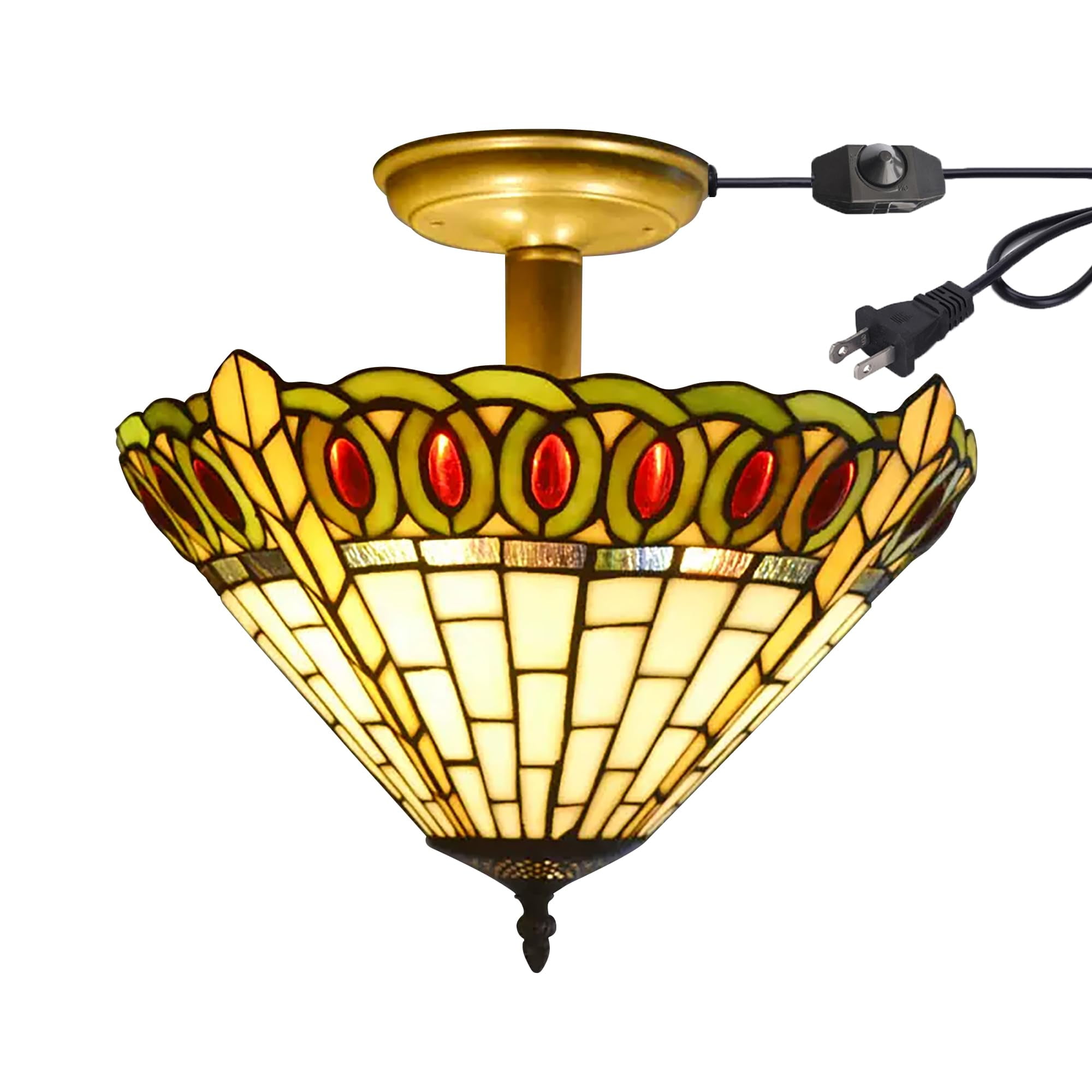 Kiven 13.8in Flush Mount Ceiling Light Fixture Dimmable, 3-Light Anti Glare Close to Ceiling Light with 15FT Plug-in Cord, Tiffany-Style Glass Chandelier for Bedroom Kitchen Hallway(No.3215)