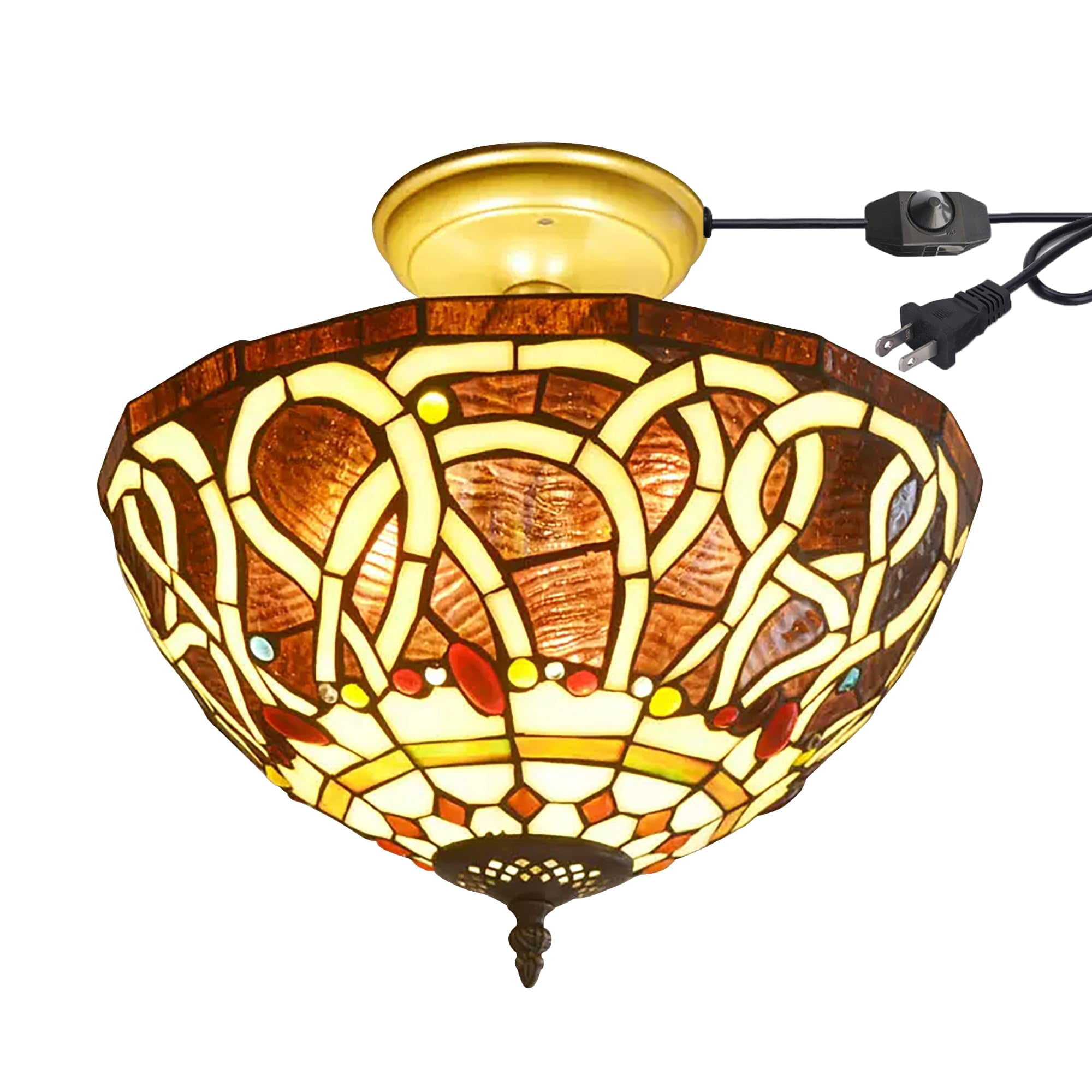 Kiven 13.8in Flush Mount Ceiling Light Fixture Dimmable, 3-Light Anti Glare Close to Ceiling Light with 15FT Plug-in Cord, Tiffany-Style Glass Chandelier for Bedroom Kitchen Hallway(No.3201)