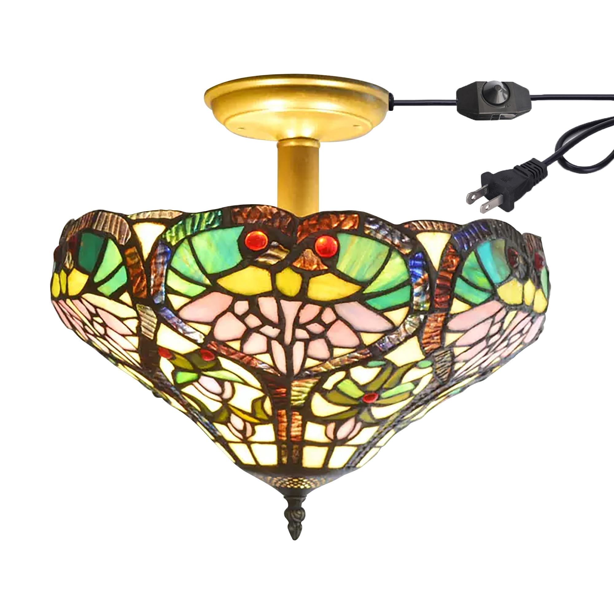 Kiven 13.8in Flush Mount Ceiling Light Fixture Dimmable, 3-Light Anti Glare Close to Ceiling Light with 15FT Plug-in Cord, Tiffany-Style Glass Chandelier for Bedroom Kitchen Hallway(No.3213)
