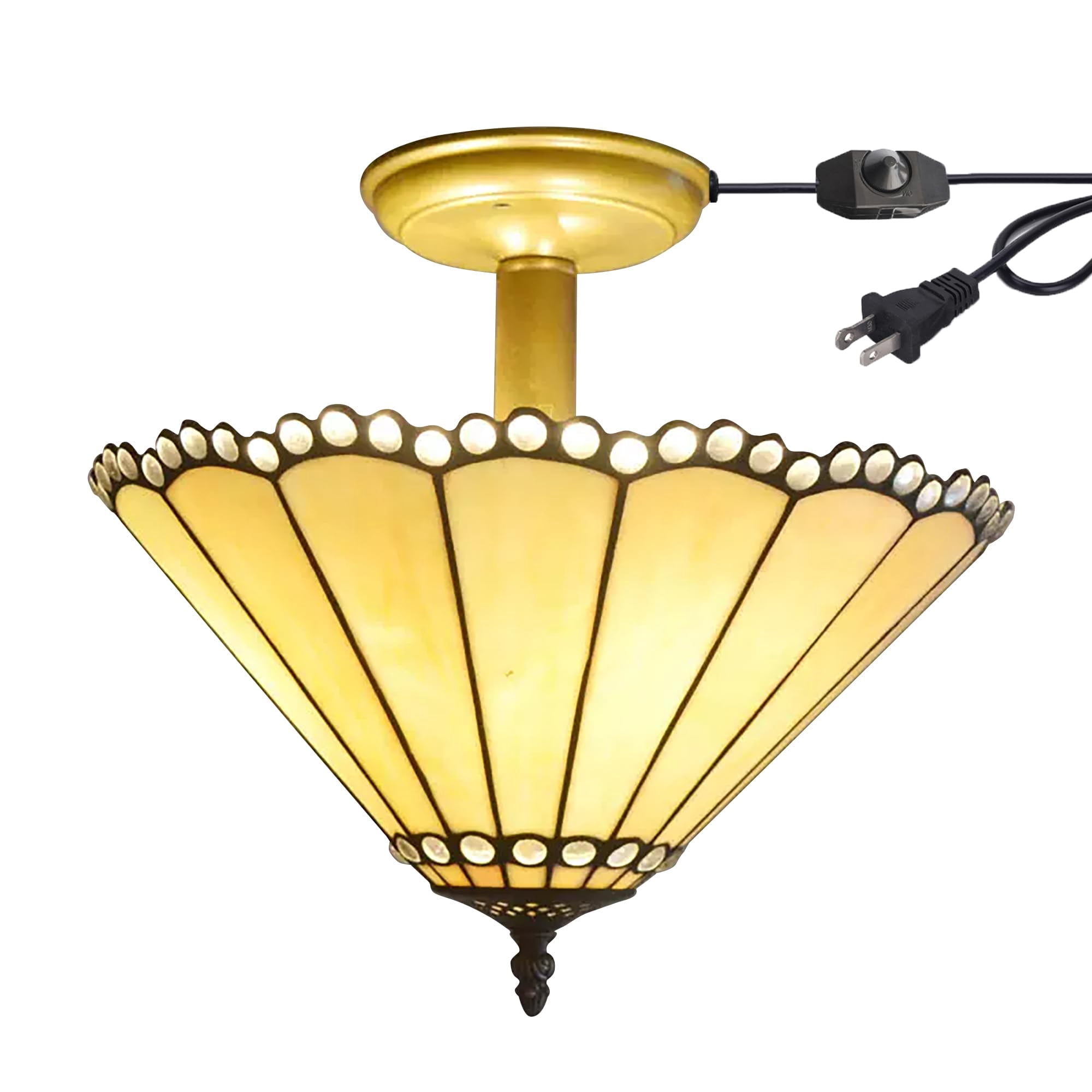 Kiven 13.8in Flush Mount Ceiling Light Fixture Dimmable, 3-Light Anti Glare Close to Ceiling Light with 15FT Plug-in Cord, Tiffany-Style Glass Chandelier for Bedroom Kitchen Hallway(No.3207)