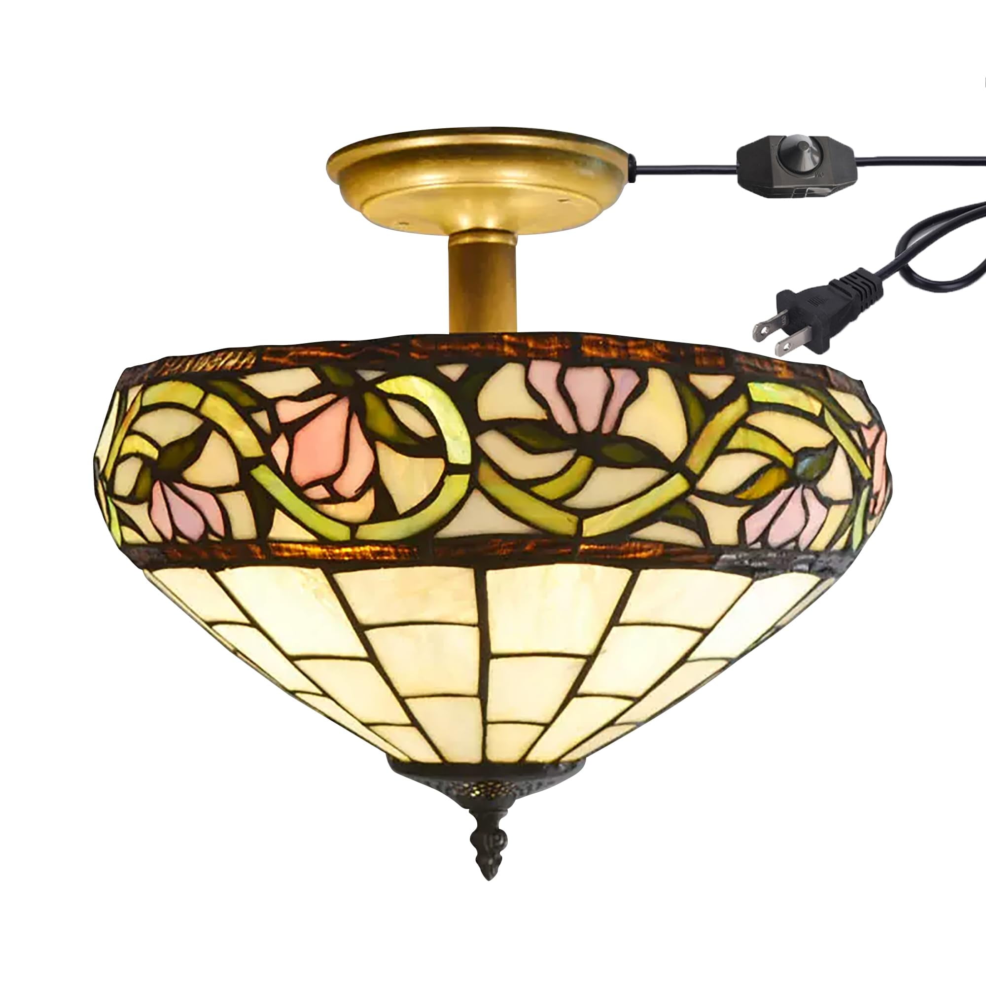 Kiven 13.8in Flush Mount Ceiling Light Fixture Dimmable, 3-Light Anti Glare Close to Ceiling Light with 15FT Plug-in Cord, Tiffany-Style Glass Chandelier for Bedroom Kitchen Hallway(No.3210)