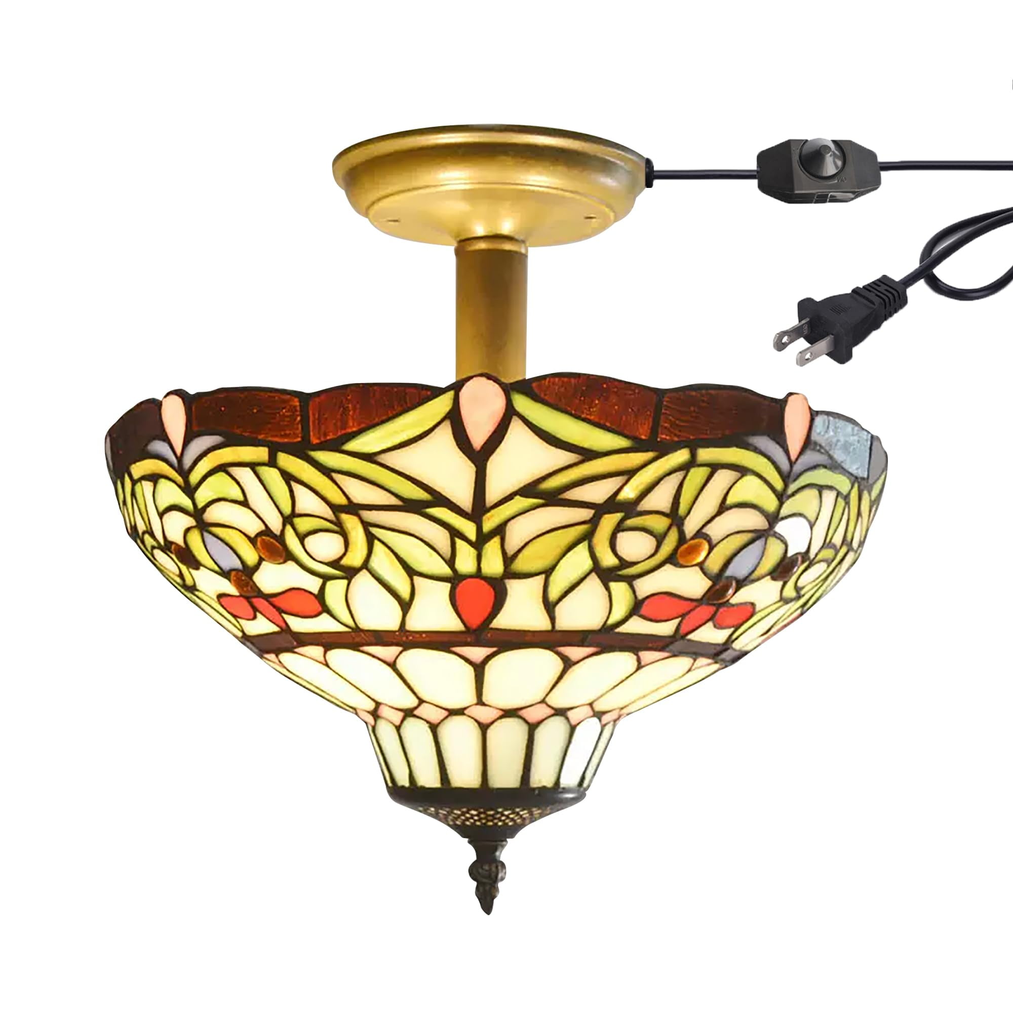 Kiven 13.8in Flush Mount Ceiling Light Fixture Dimmable, 3-Light Anti Glare Close to Ceiling Light with 15FT Plug-in Cord, Tiffany-Style Glass Chandelier for Bedroom Kitchen Hallway(No.3211)