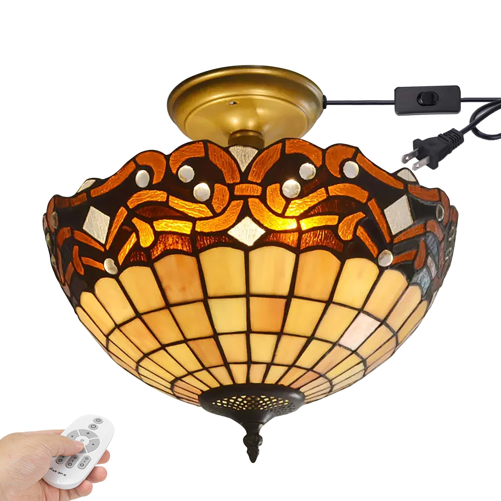 Kiven 13.8in Plug-in Flush Mount Ceiling Light Fixture, 3-Light Anti Glare Close to Ceiling Light with 15FT Cord, Tiffany-Style Glass Chandelier Dimmable for Bedroom Kitchen Hallway(No.3200)