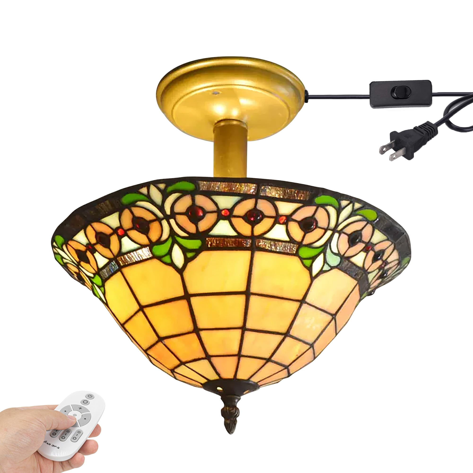 Kiven 13.8in Plug-in Flush Mount Ceiling Light Fixture, 3-Light Anti Glare Close to Ceiling Light with 15FT Cord, Tiffany-Style Glass Chandelier Dimmable for Bedroom Kitchen Hallway(No.3204)