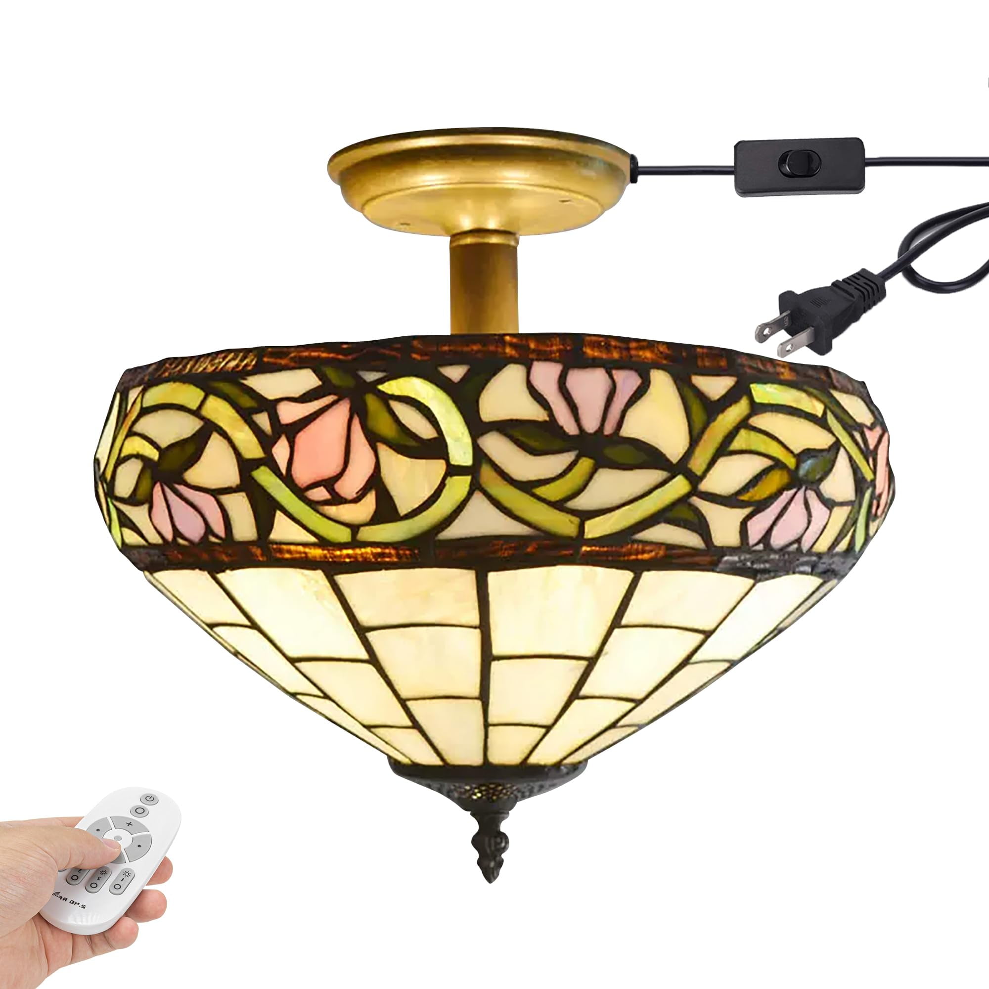 Kiven 13.8in Plug-in Flush Mount Ceiling Light Fixture, 3-Light Anti Glare Close to Ceiling Light with 15FT Cord, Tiffany-Style Glass Chandelier Dimmable for Bedroom Kitchen Hallway(No.3210)