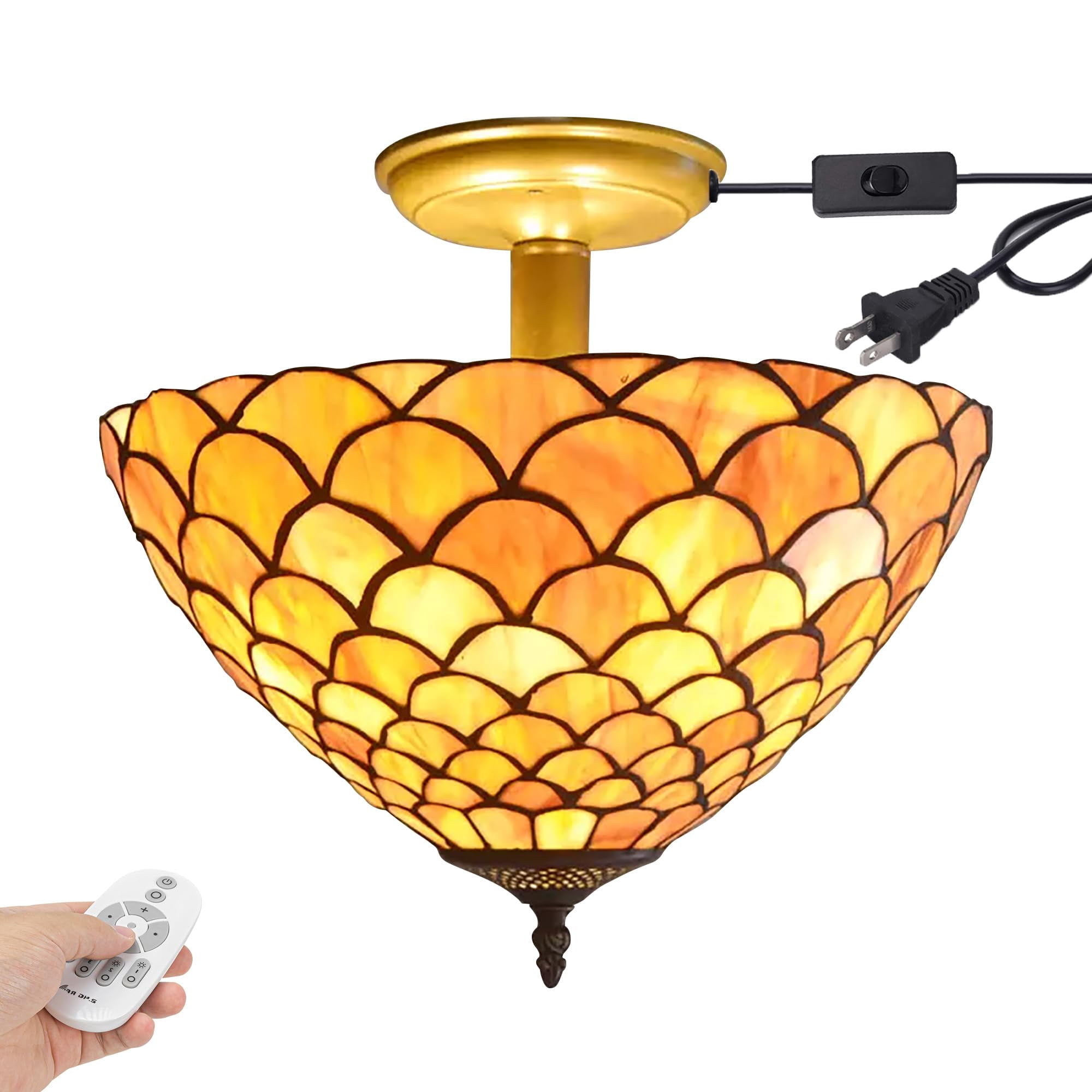 Kiven 13.8in Plug-in Flush Mount Ceiling Light Fixture, 3-Light Anti Glare Close to Ceiling Light with 15FT Cord, Tiffany-Style Glass Chandelier Dimmable for Bedroom Kitchen Hallway(No.3206)