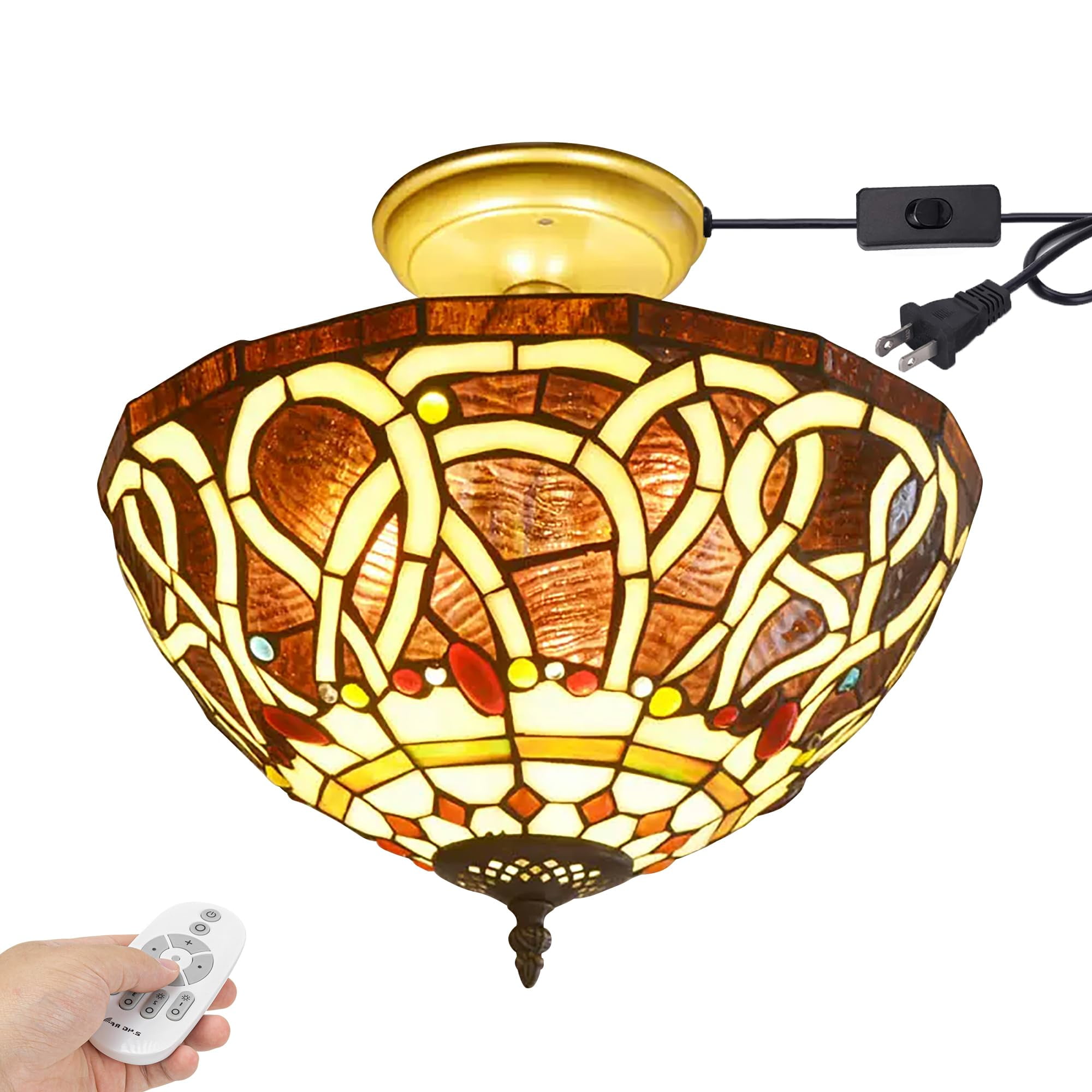Kiven 13.8in Plug-in Flush Mount Ceiling Light Fixture, 3-Light Anti Glare Close to Ceiling Light with 15FT Cord, Tiffany-Style Glass Chandelier Dimmable for Bedroom Kitchen Hallway(No.3201)