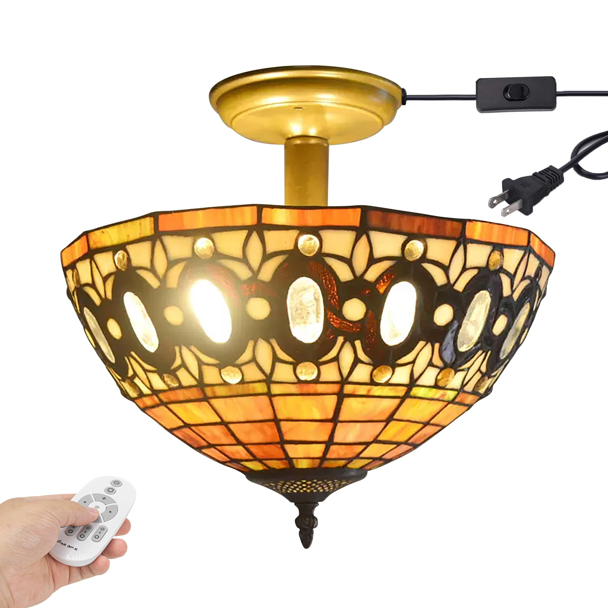 Kiven 13.8in Plug-in Flush Mount Ceiling Light Fixture, 3-Light Anti Glare Close to Ceiling Light with 15FT Cord, Tiffany-Style Glass Chandelier Dimmable for Bedroom Kitchen Hallway(No.3205)