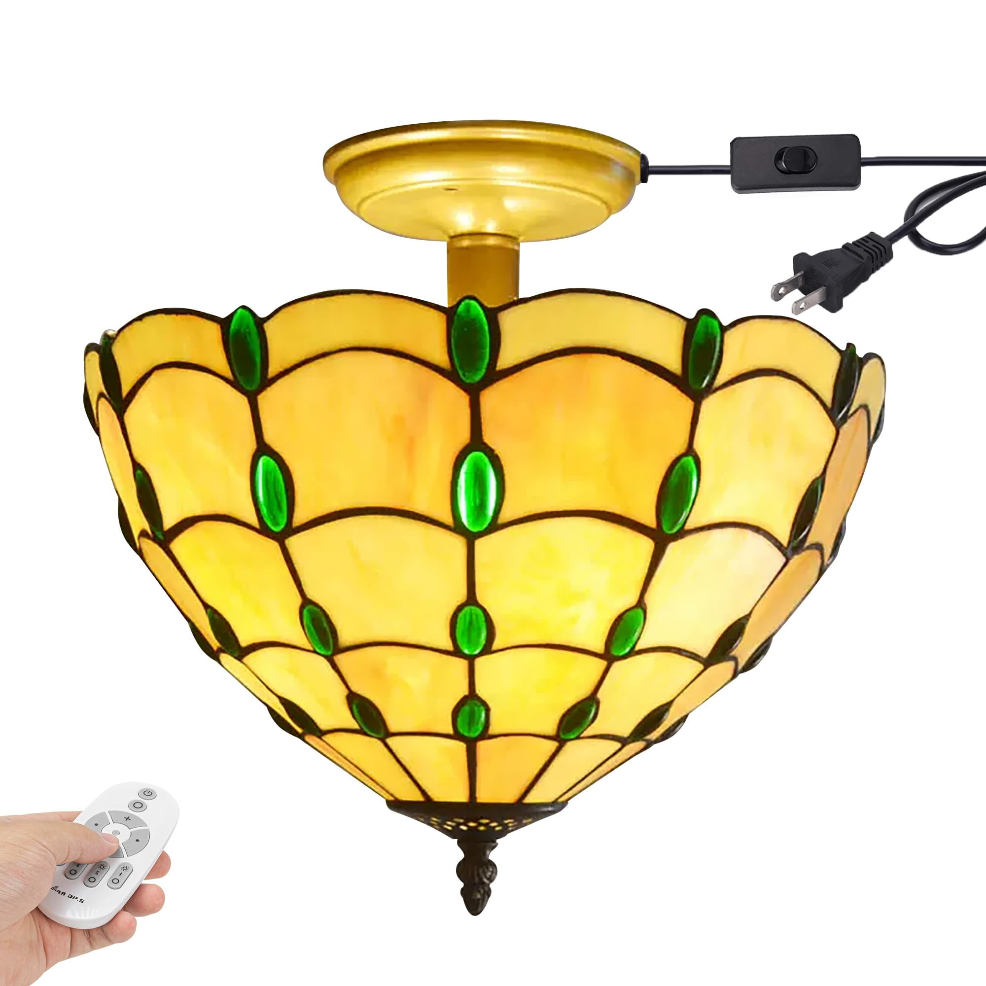 Kiven 13.8in Plug-in Flush Mount Ceiling Light Fixture, 3-Light Anti Glare Close to Ceiling Light with 15FT Cord, Tiffany-Style Glass Chandelier Dimmable for Bedroom Kitchen Hallway(No.3208)