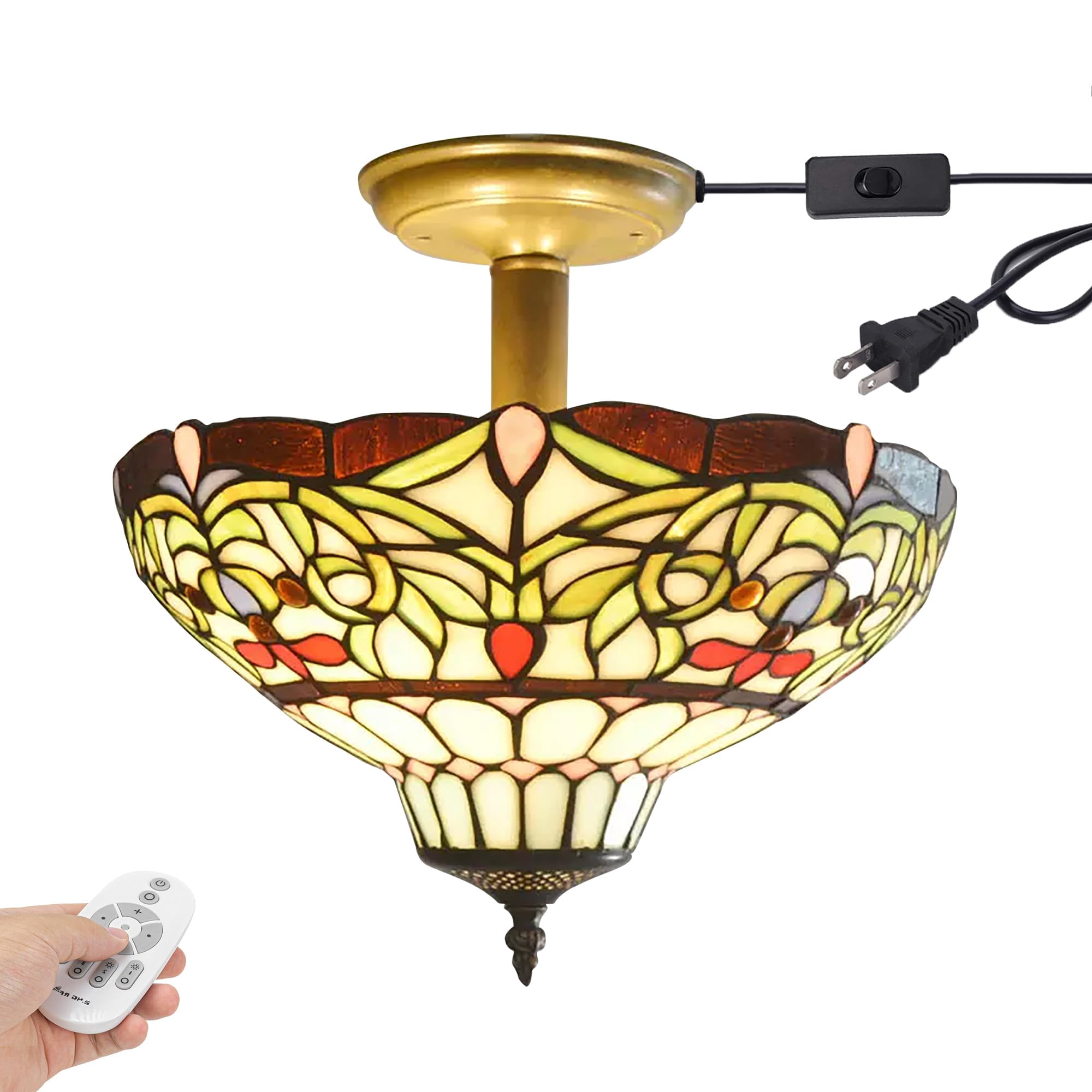 Kiven 13.8in Plug-in Flush Mount Ceiling Light Fixture, 3-Light Anti Glare Close to Ceiling Light with 15FT Cord, Tiffany-Style Glass Chandelier Dimmable for Bedroom Kitchen Hallway(No.3211)