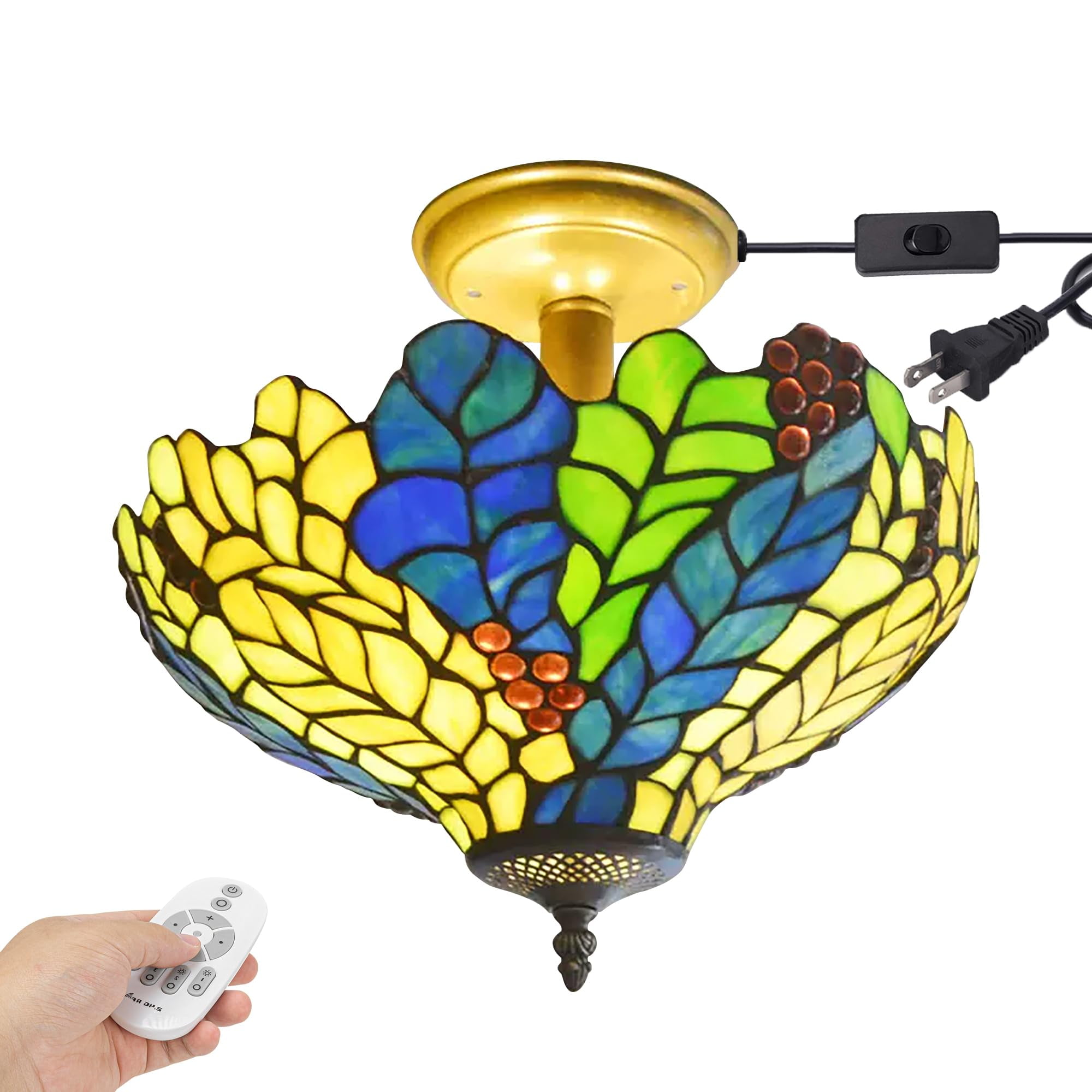 Kiven 13.8in Plug-in Flush Mount Ceiling Light Fixture, 3-Light Anti Glare Close to Ceiling Light with 15FT Cord, Tiffany-Style Glass Chandelier Dimmable for Bedroom Kitchen Hallway(No.3212)